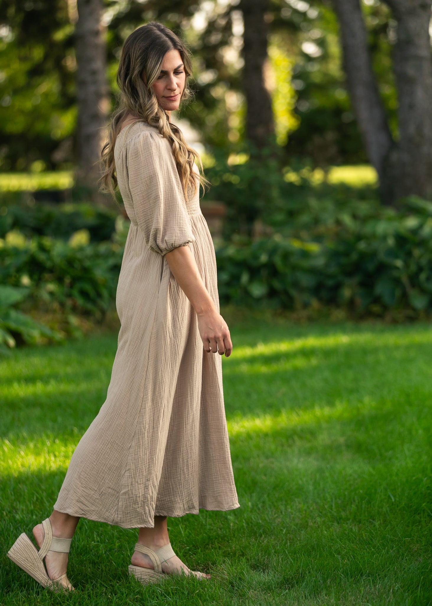 Inherit Co. Kayleen Tan Smocked Bodice Gauze Dress — back view
