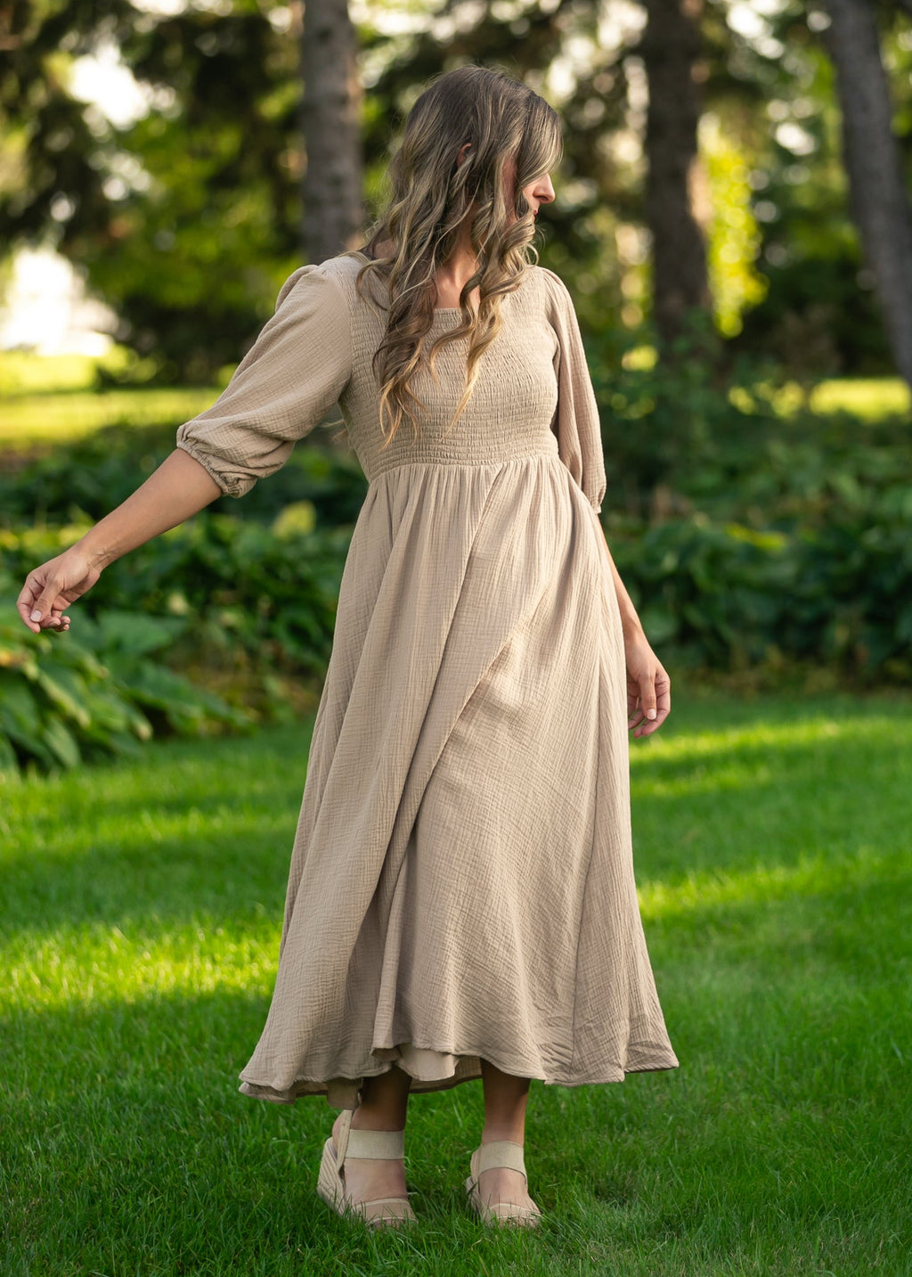 Inherit Co. Kayleen Tan Smocked Bodice Gauze Dress — main product shot