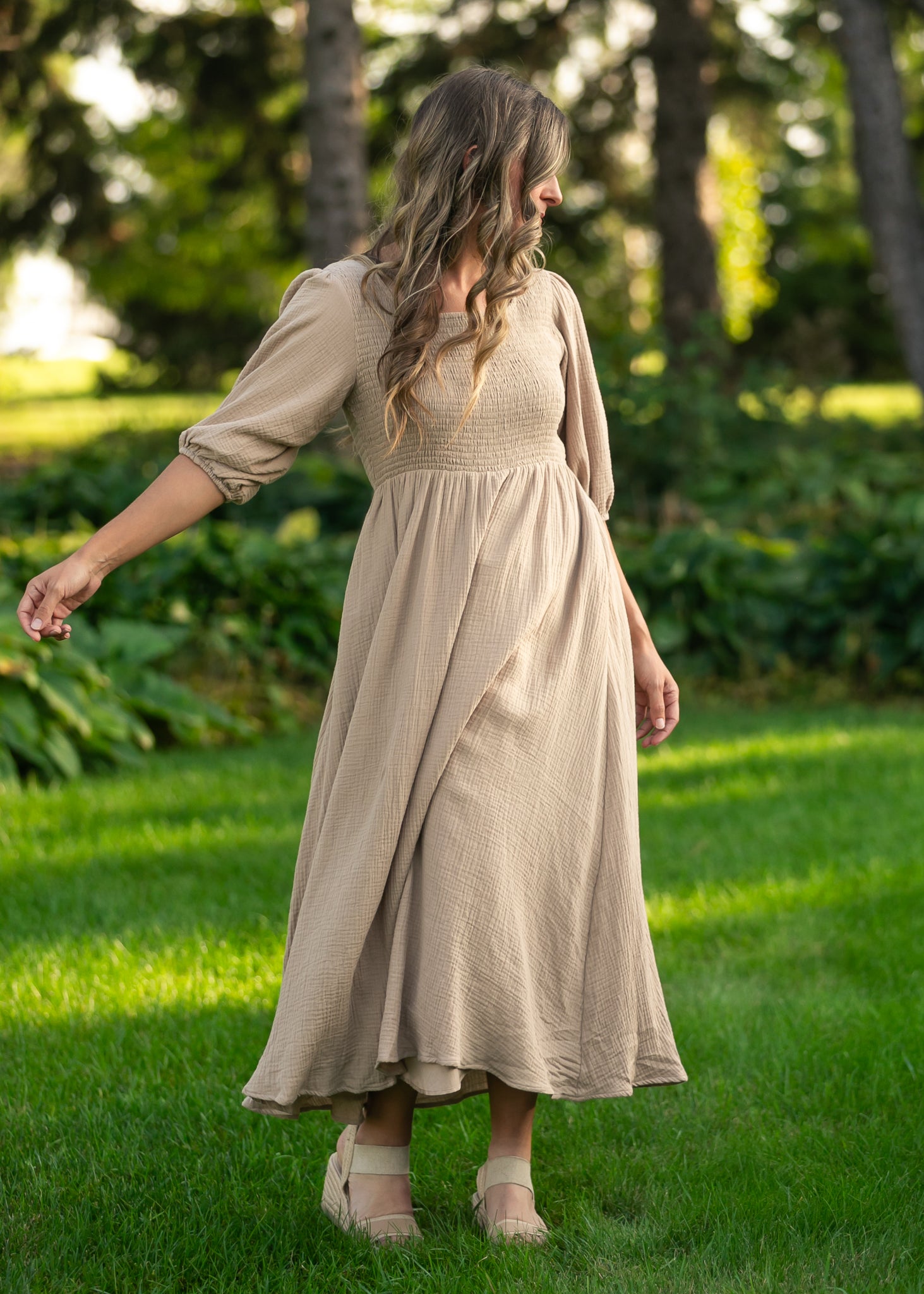 Inherit Co. Kayleen Tan Smocked Bodice Gauze Dress — main product shot