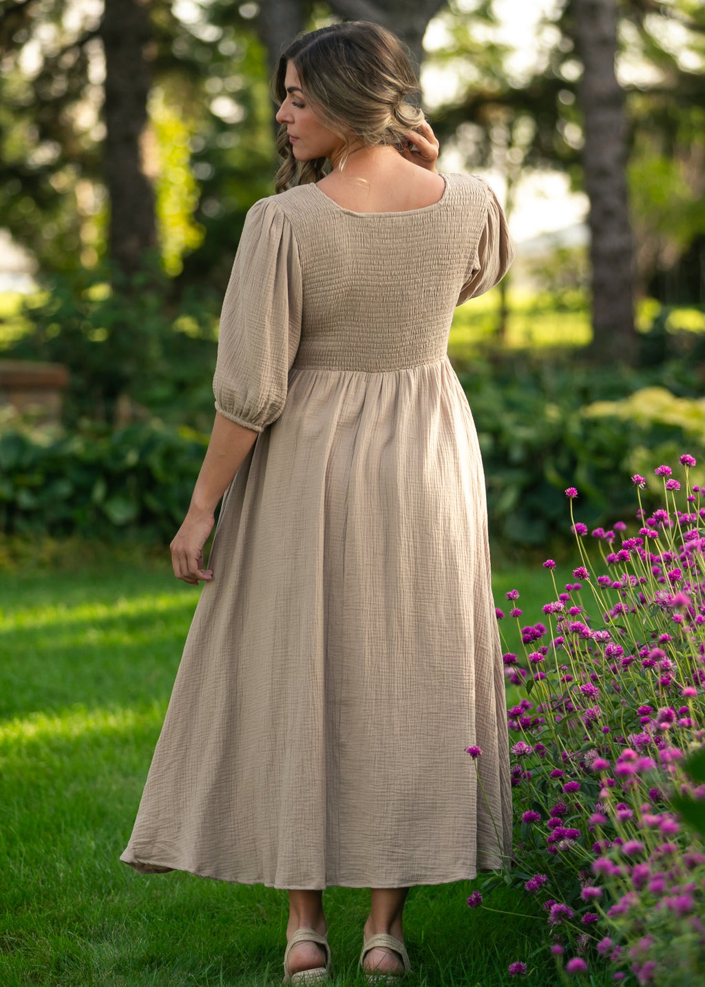 Inherit Co. Kayleen Tan Smocked Bodice Gauze Dress — side view