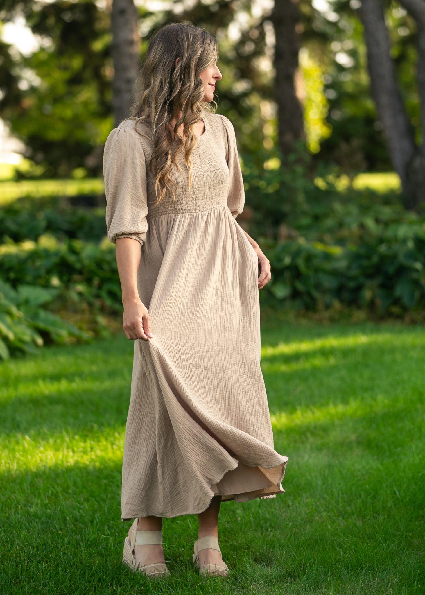 Inherit Co. Kayleen Tan Smocked Bodice Gauze Dress — color detail