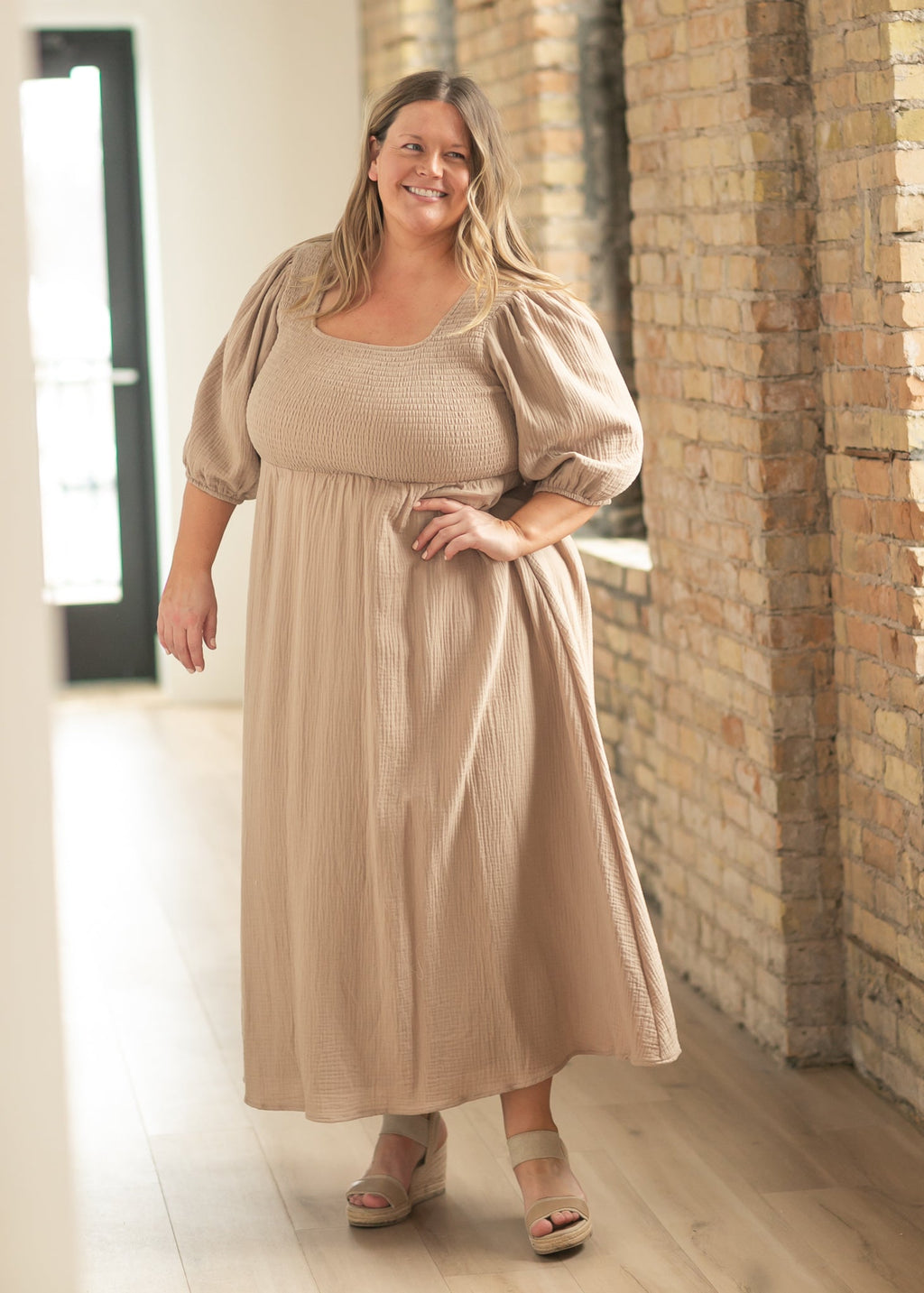 Inherit Co. Kayleen Tan Smocked Bodice Gauze Dress — detail close-up