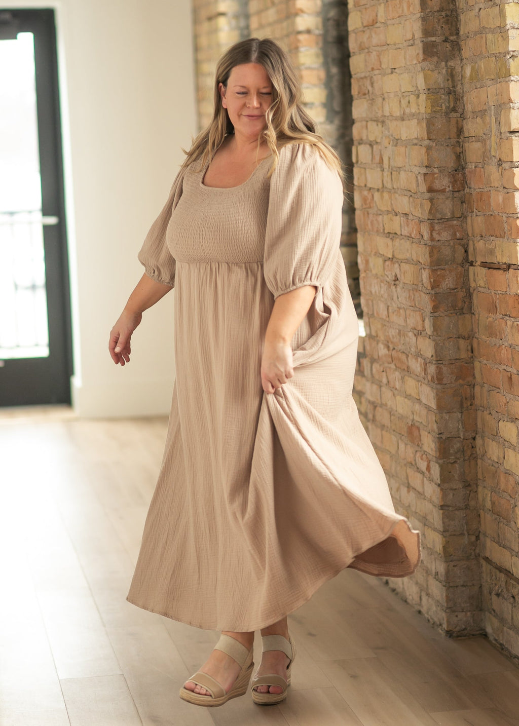 Inherit Co. Kayleen Tan Smocked Bodice Gauze Dress — comparison shot