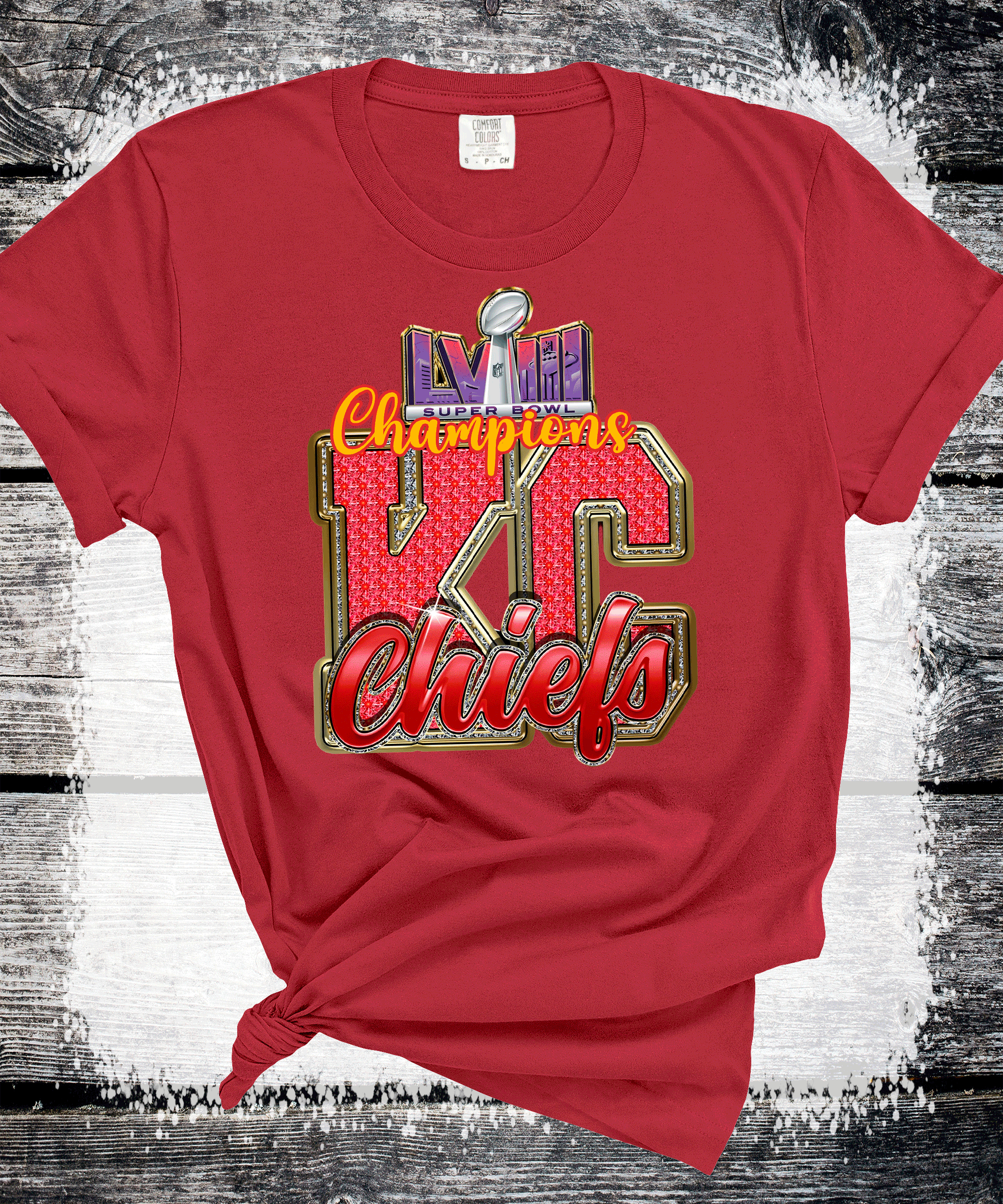 A Blessed Texas Mess Boutique 2024 Super Bowl Champions Vegas Chiefs Football Super Bowl 2024 Kansas City — lifestyle worn / used context