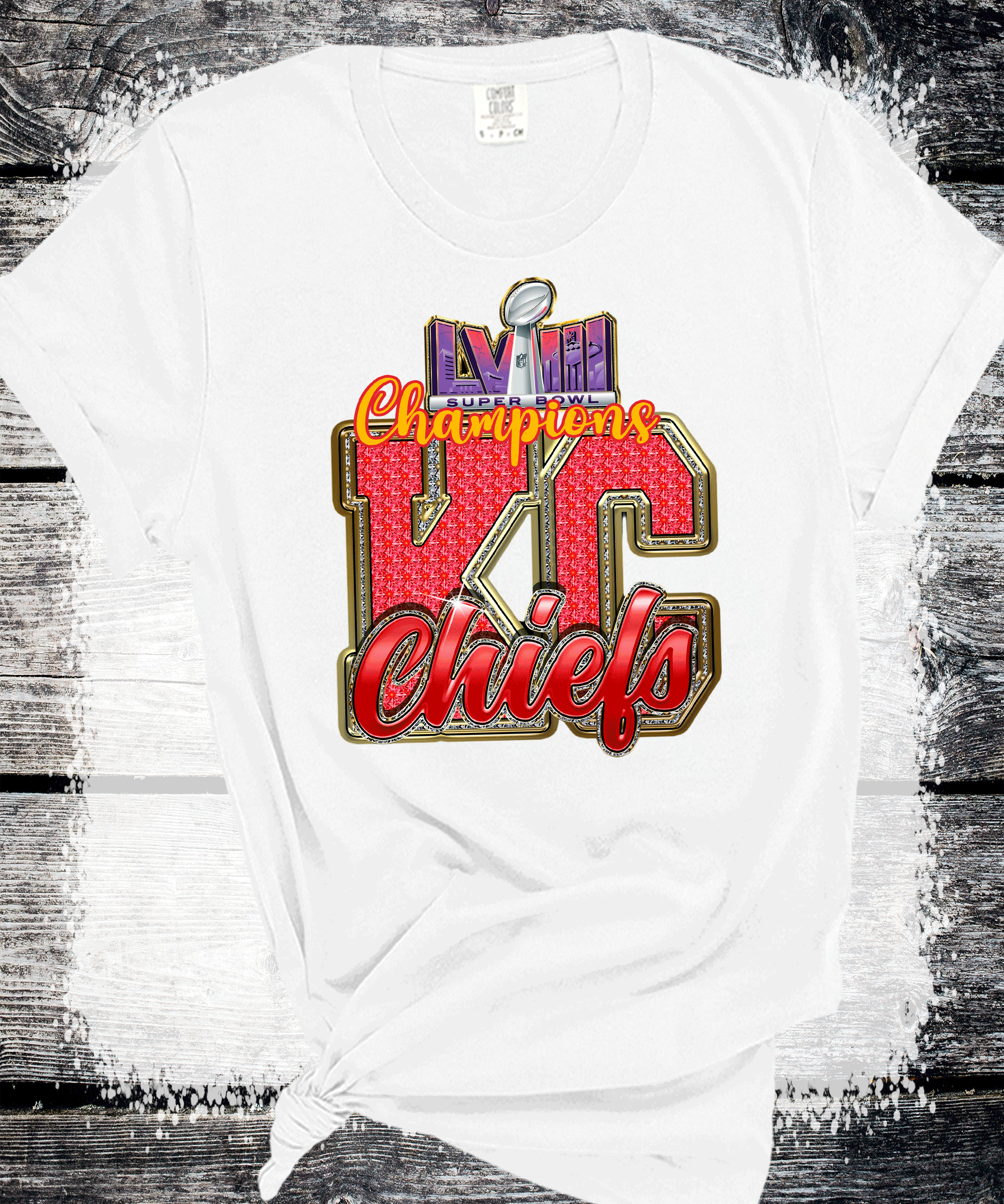 A Blessed Texas Mess Boutique 2024 Super Bowl Champions Vegas Chiefs Football Super Bowl 2024 Kansas City — A Blessed Texas Mess Boutique branding close-up
