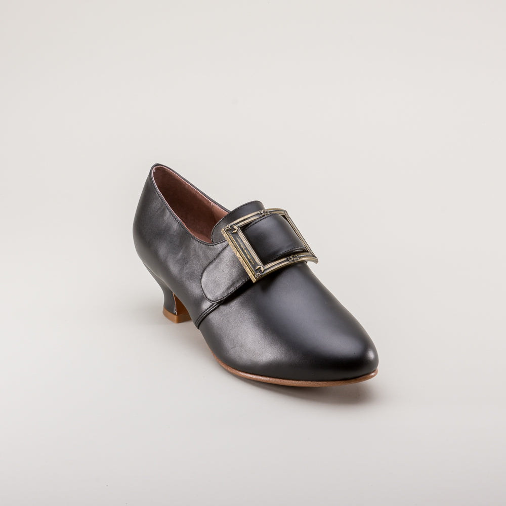 American Duchess Kensington 18th Century Leather Shoes (Black) — branding close-up