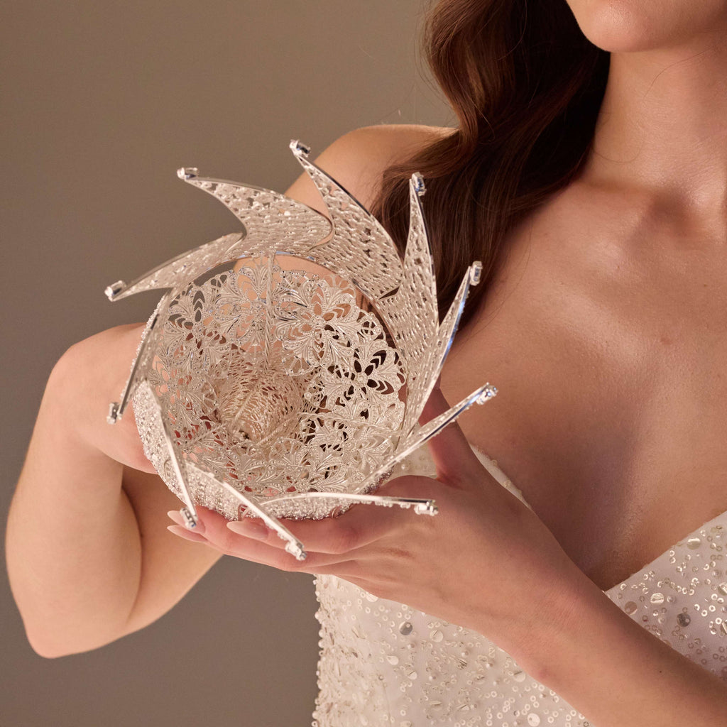 Luxury Quinceañera & Wedding Bouquet Holder – Silver Carved Flowers & Crystal Stones – Bridal Port, view 5