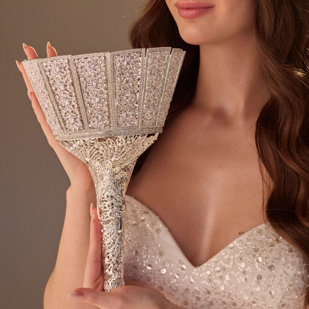 Silver Quinceañera & Wedding Bouquet Holder – Handcrafted with Carved Flowers & Crystal Stones – Bridal Port, view 2