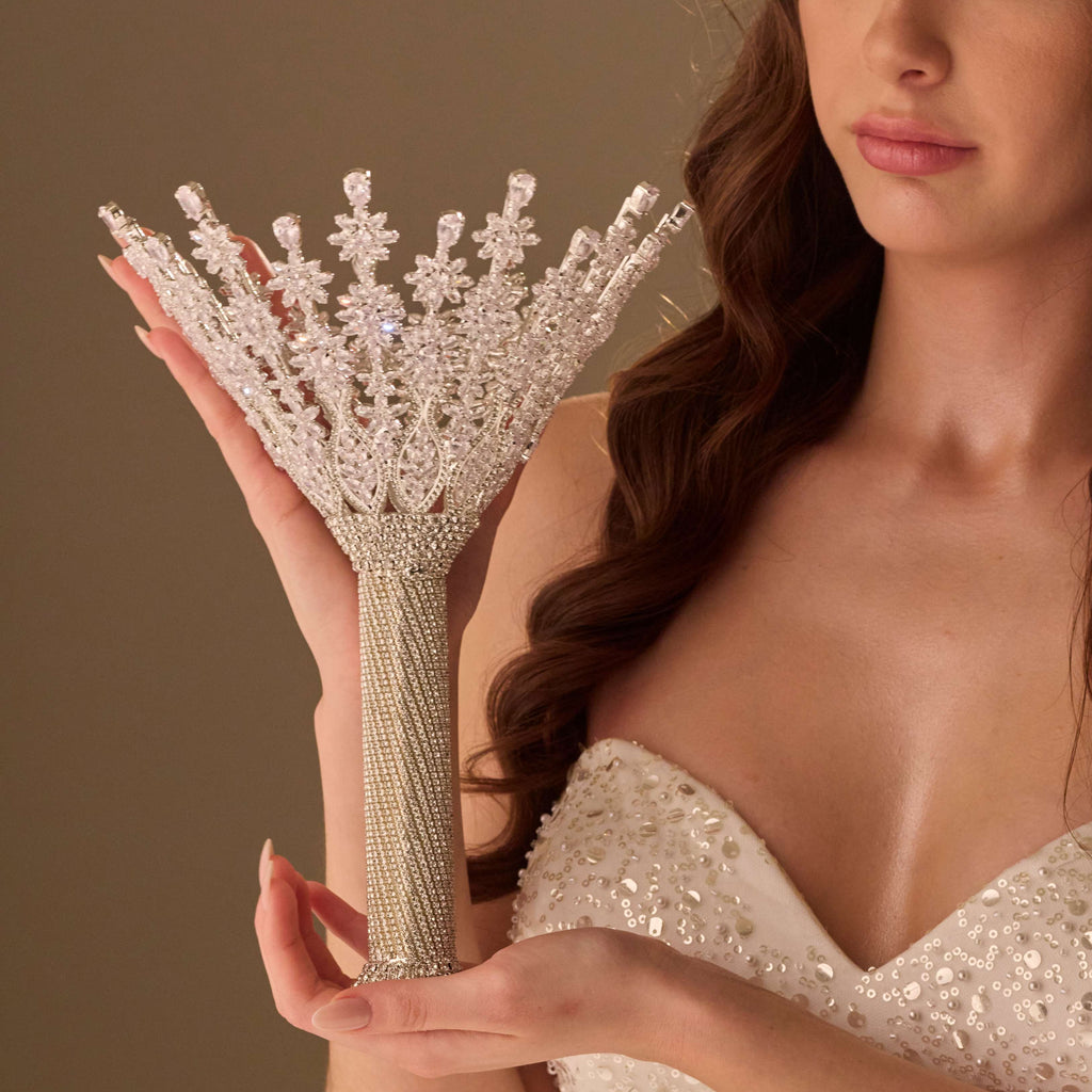 Luxury Silver Quinceañera & Wedding Bouquet Holder – Handcrafted with Crystal Stones & Beads – Bridal Port