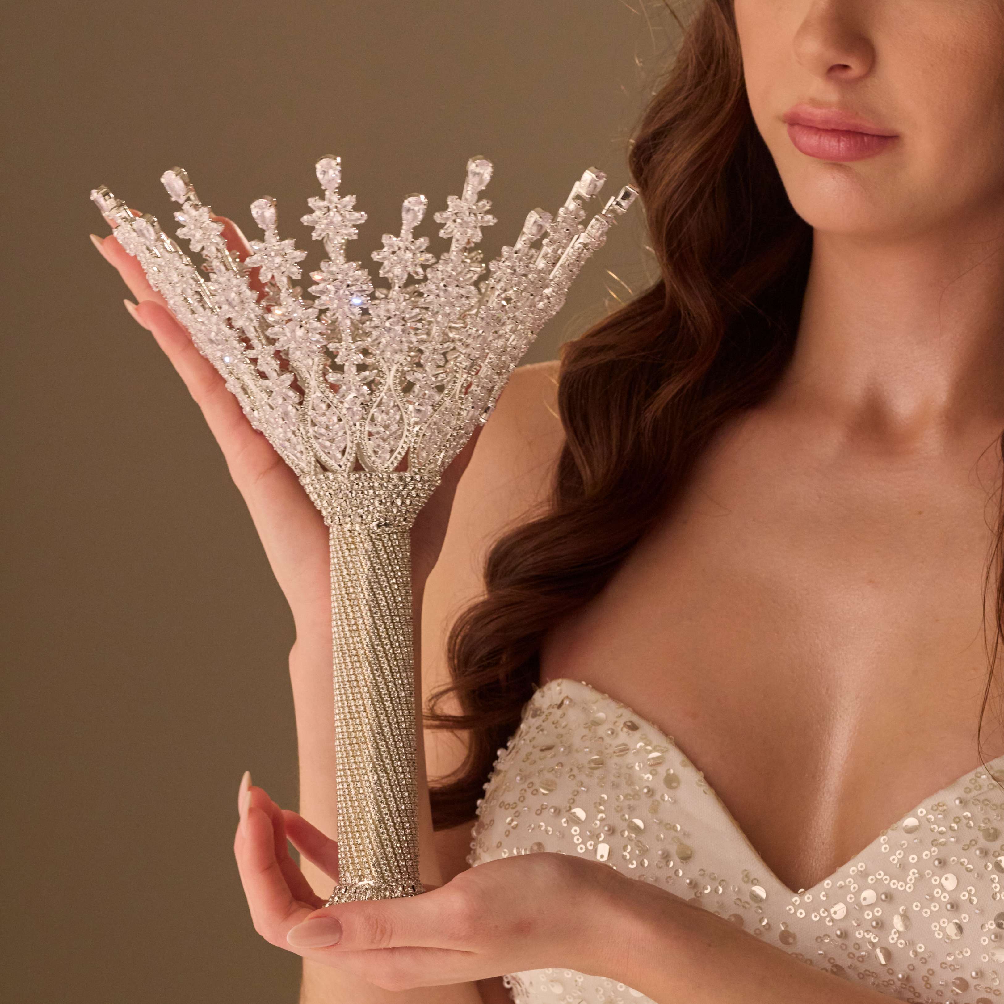 Luxury Silver Quinceañera & Wedding Bouquet Holder – Handcrafted with Crystal Stones & Beads – Bridal Port