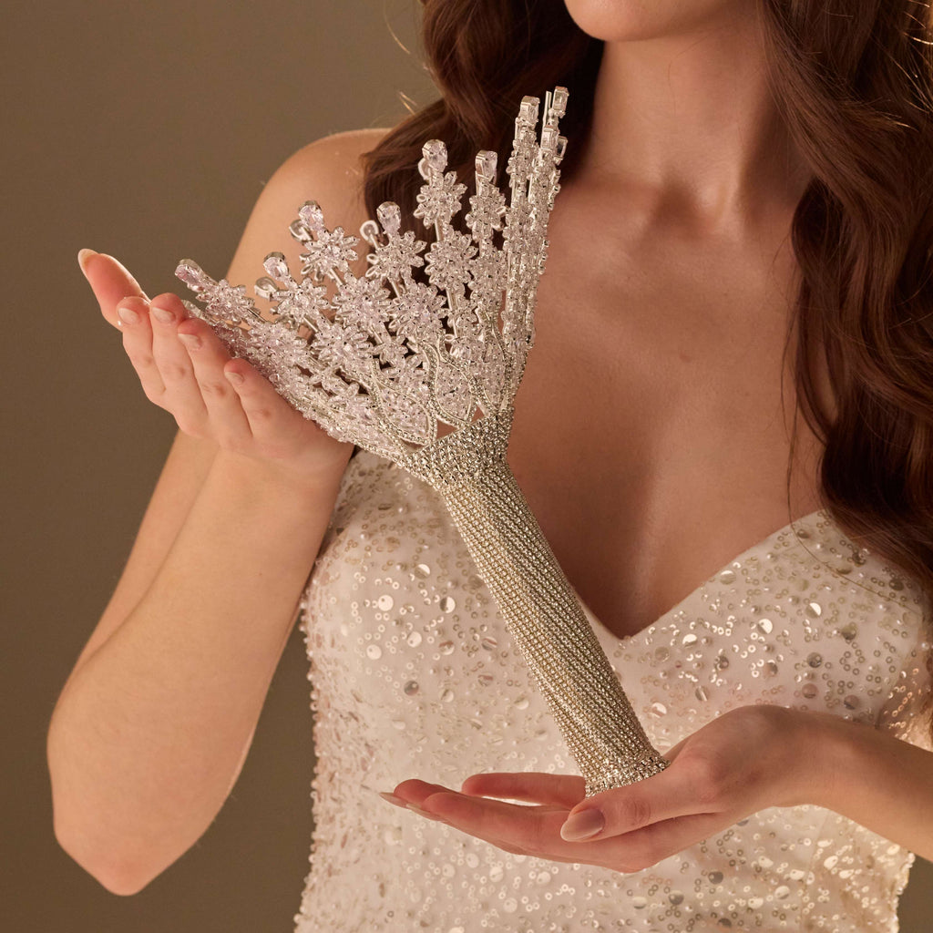 Luxury Silver Quinceañera & Wedding Bouquet Holder – Handcrafted with Crystal Stones & Beads – Bridal Port, view 4