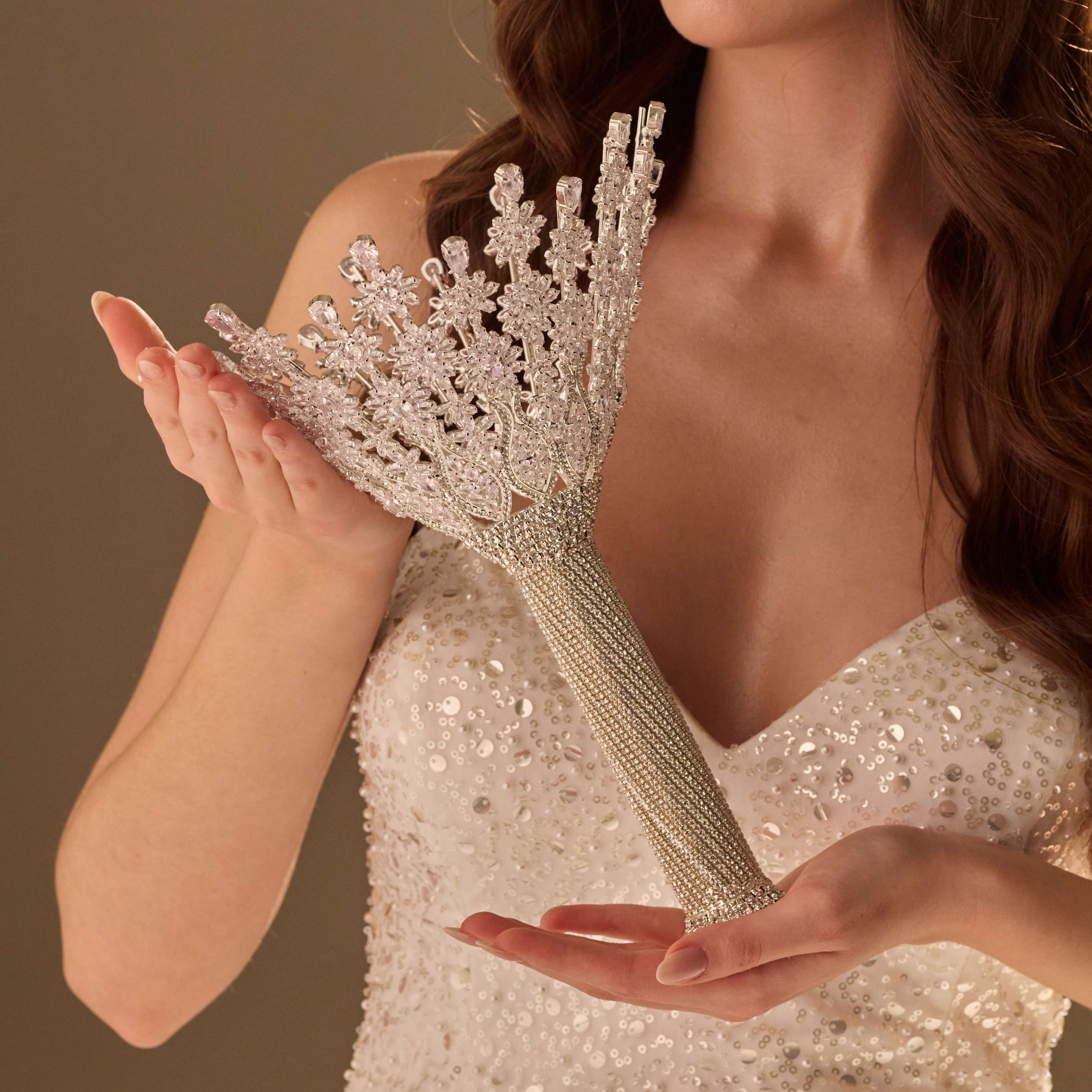 Luxury Silver Quinceañera & Wedding Bouquet Holder – Handcrafted with Crystal Stones & Beads – Bridal Port, view 4