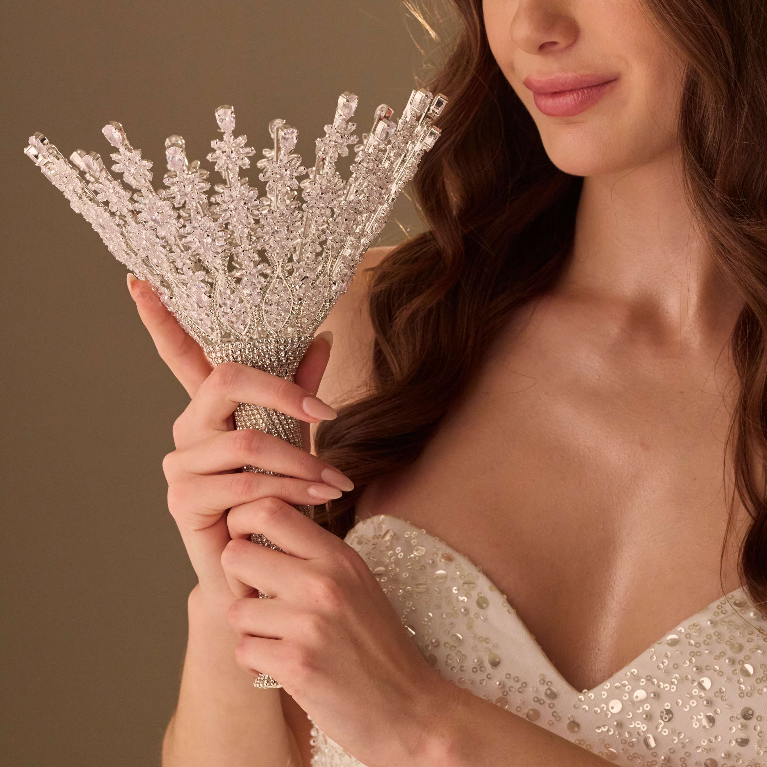 Luxury Silver Quinceañera & Wedding Bouquet Holder – Handcrafted with Crystal Stones & Beads – Bridal Port, view 5