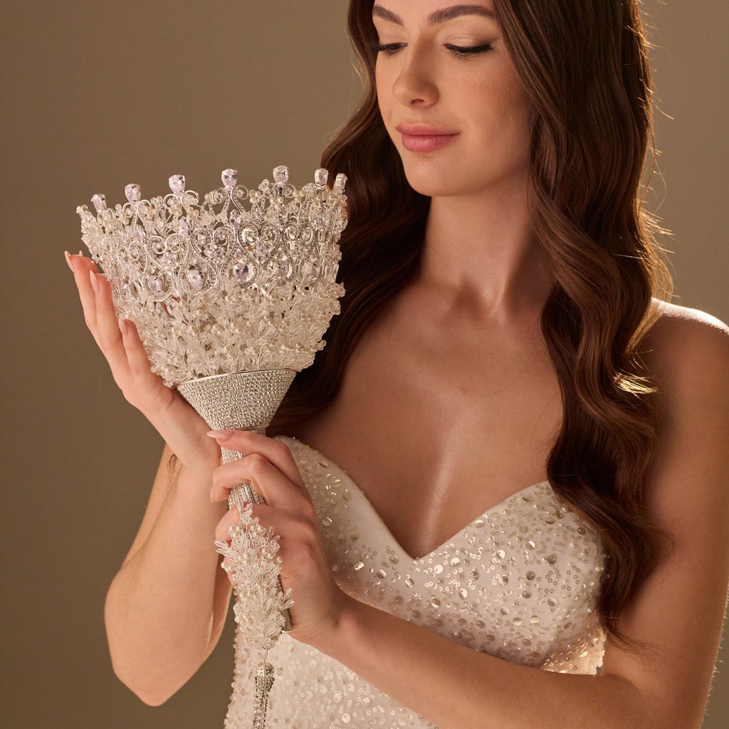 Elegant Silver Quinceañera & Wedding Bouquet Holder – Handcrafted with Pearls & Crystal Stones – Bridal Port, view 4