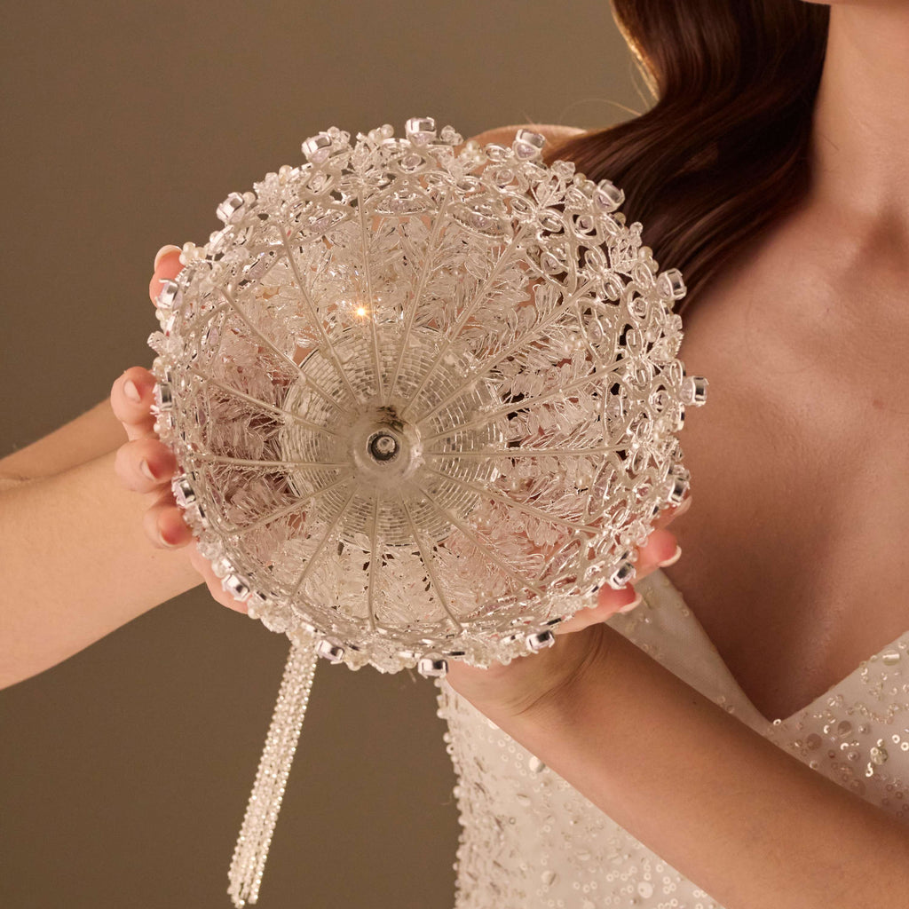 Elegant Silver Quinceañera & Wedding Bouquet Holder – Handcrafted with Pearls & Crystal Stones – Bridal Port, view 6