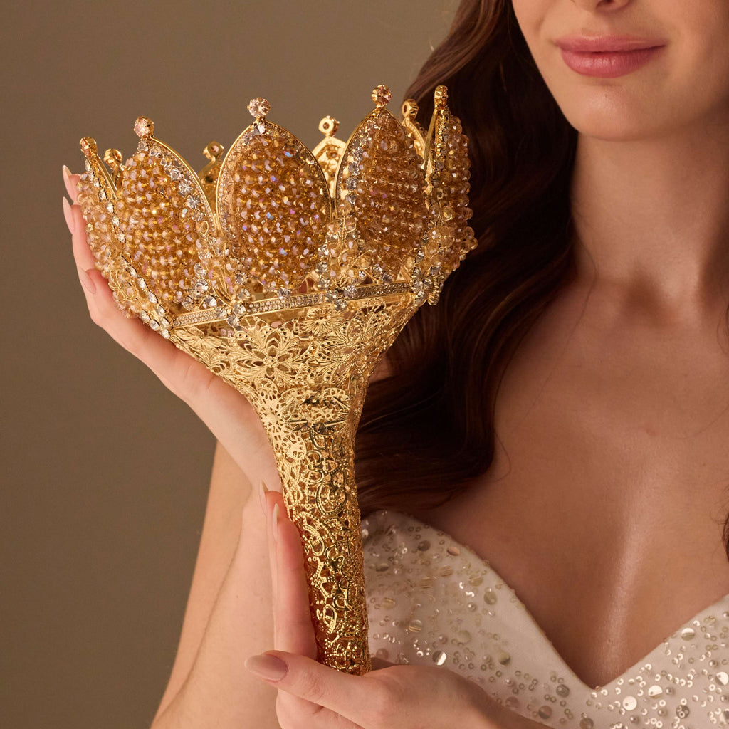 Gold Quinceañera & Wedding Bouquet Holder – Handcrafted with Gold Carved Flowers & Crystal Stones – Bridal Port, view 2