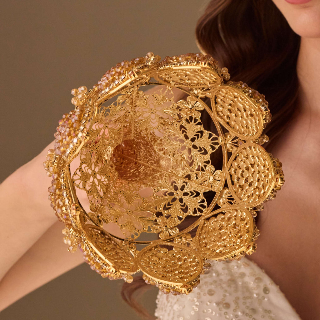 Gold Quinceañera & Wedding Bouquet Holder – Handcrafted with Gold Carved Flowers & Crystal Stones – Bridal Port, view 5