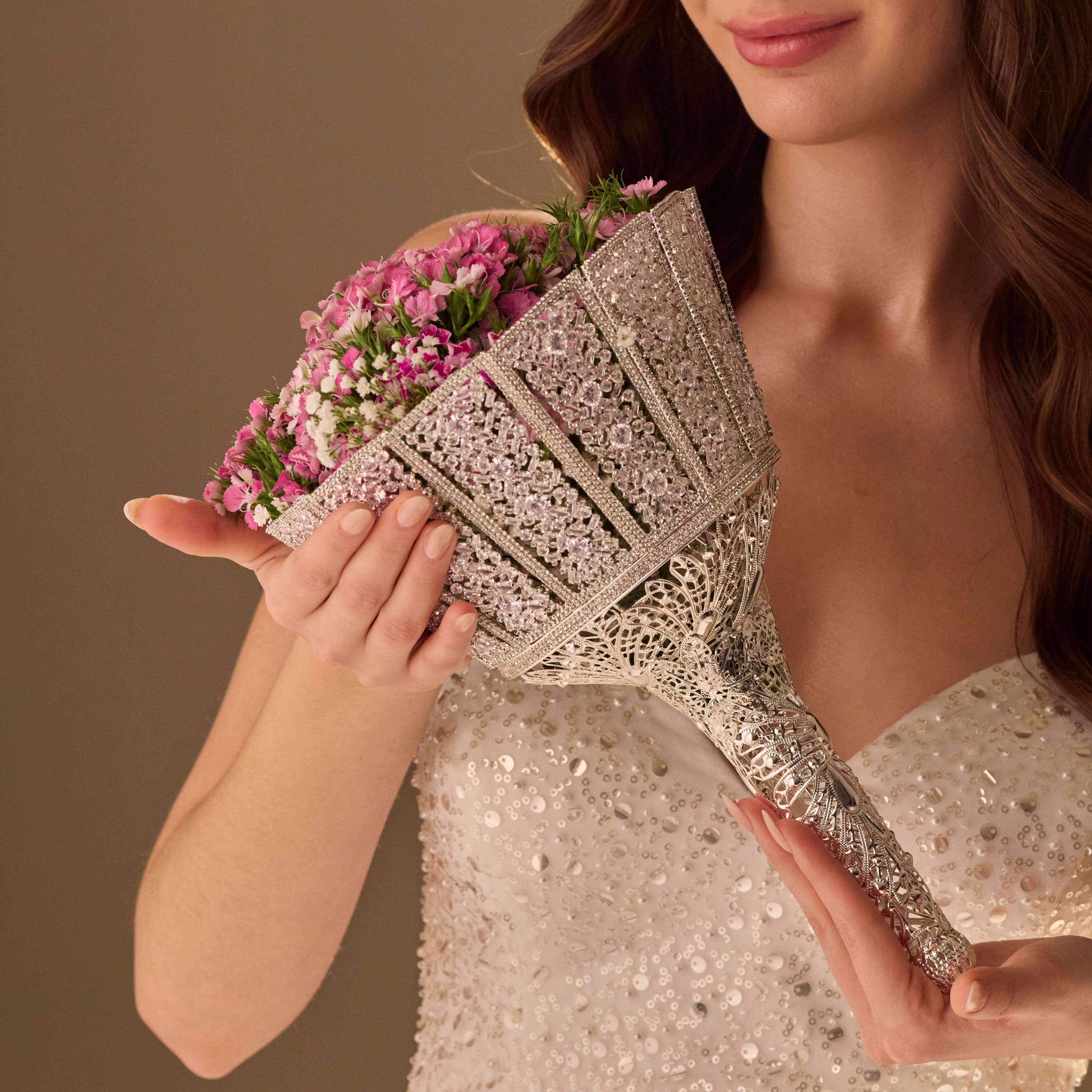 Silver Quinceañera & Wedding Bouquet Holder – Handcrafted with Carved Flowers & Crystal Stones – Bridal Port