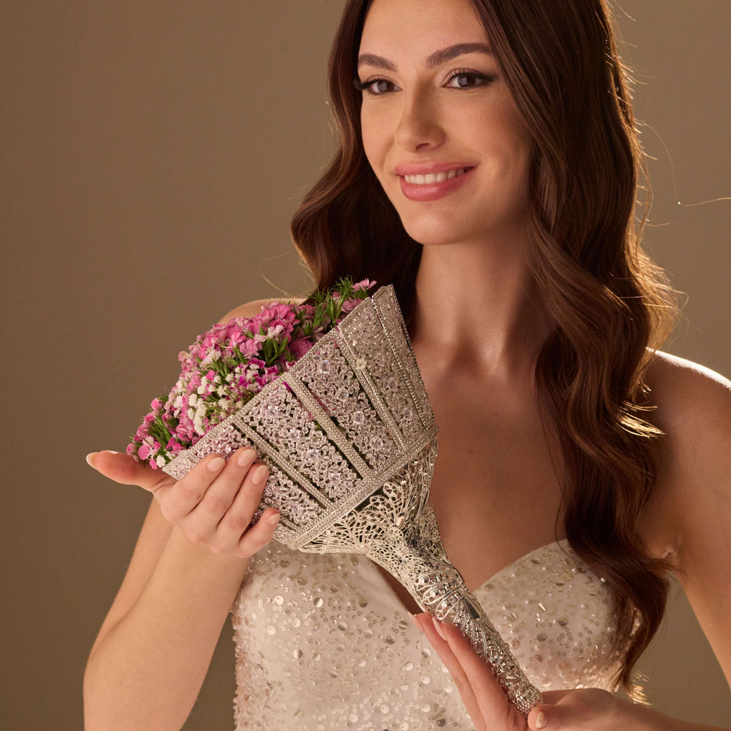 Silver Quinceañera & Wedding Bouquet Holder – Handcrafted with Carved Flowers & Crystal Stones – Bridal Port, view 6