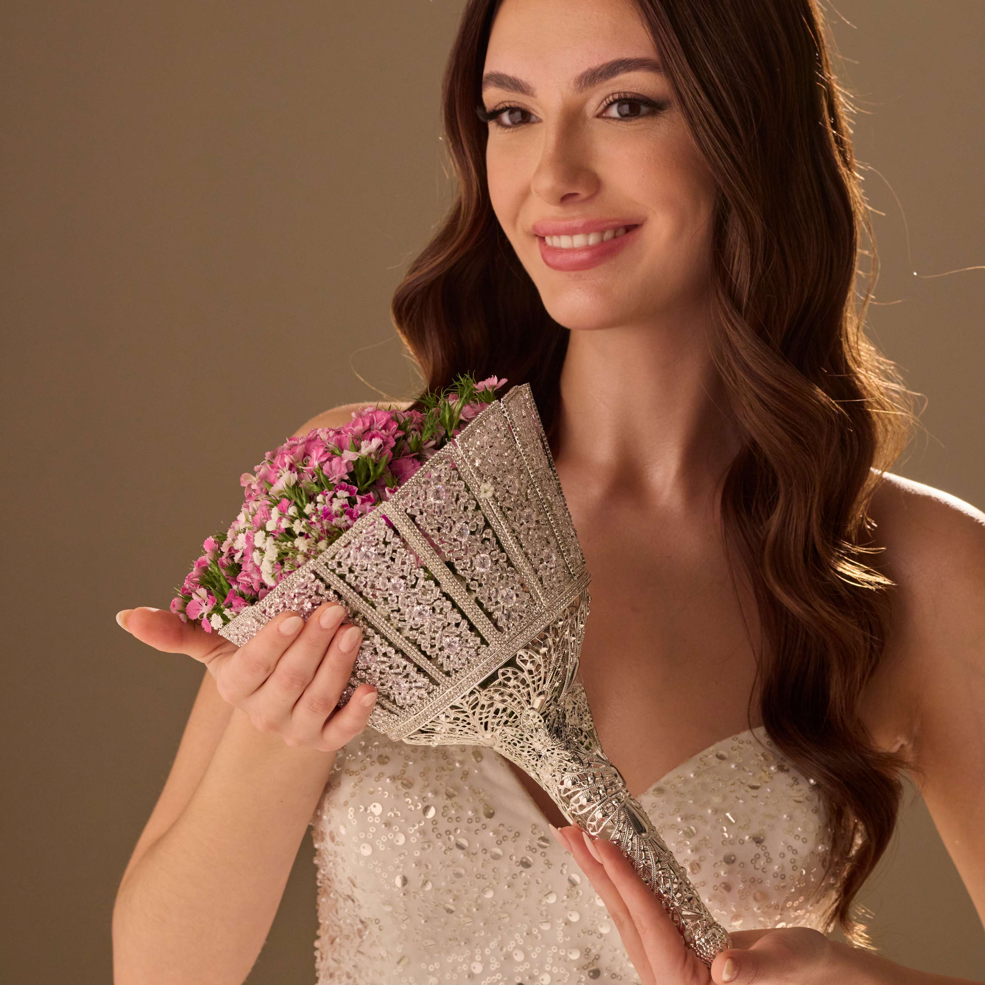 Silver Quinceañera & Wedding Bouquet Holder – Handcrafted with Carved Flowers & Crystal Stones – Bridal Port, view 6