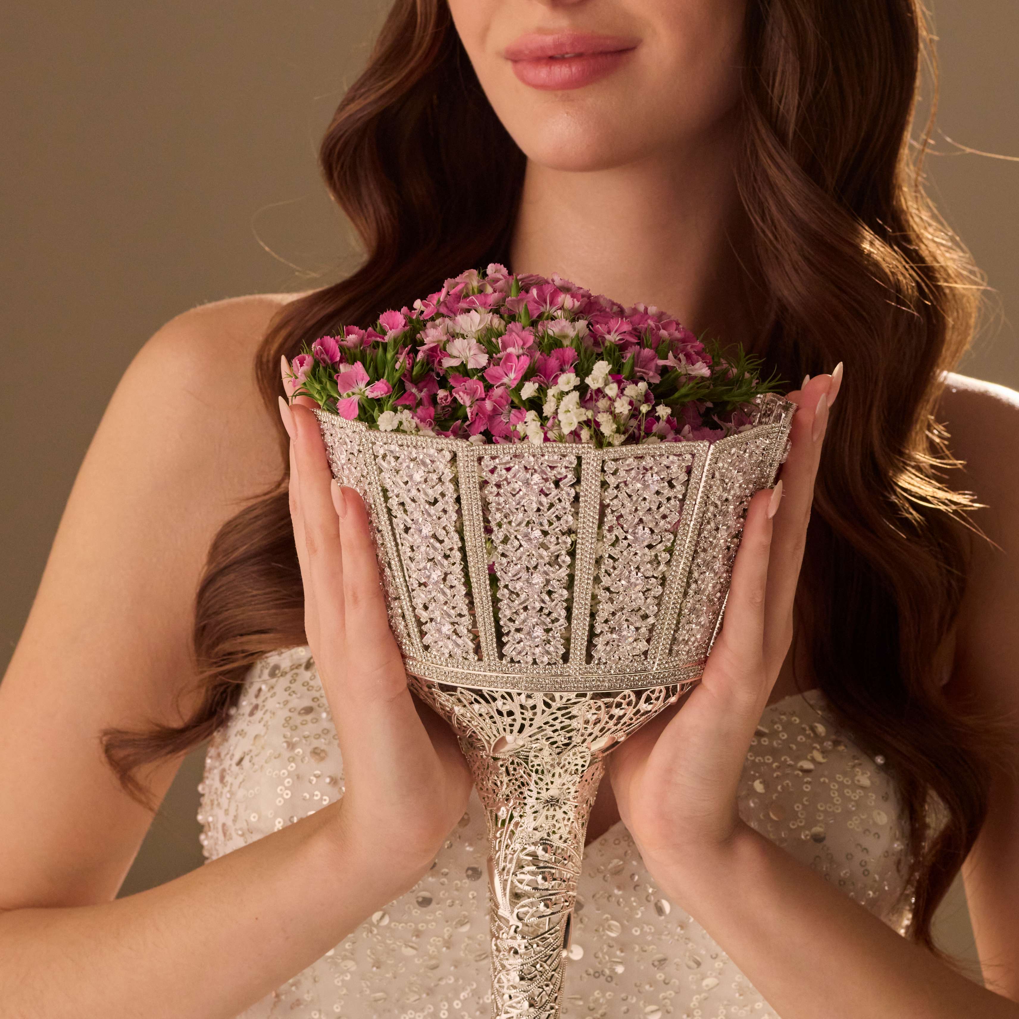 Silver Quinceañera & Wedding Bouquet Holder – Handcrafted with Carved Flowers & Crystal Stones – Bridal Port, view 4