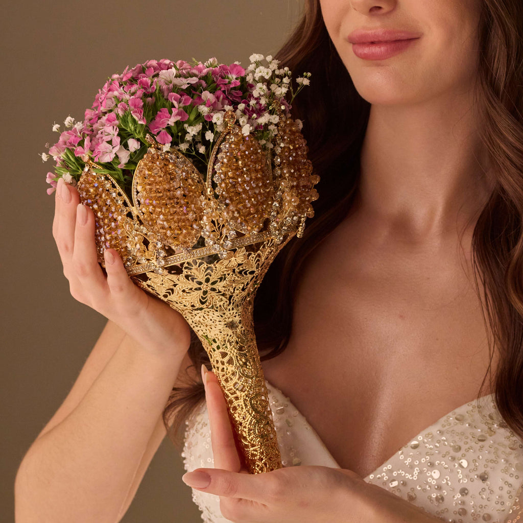 Gold Quinceañera & Wedding Bouquet Holder – Handcrafted with Gold Carved Flowers & Crystal Stones – Bridal Port, view 6