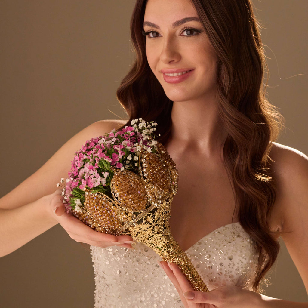 Gold Quinceañera & Wedding Bouquet Holder – Handcrafted with Gold Carved Flowers & Crystal Stones – Bridal Port, view 7