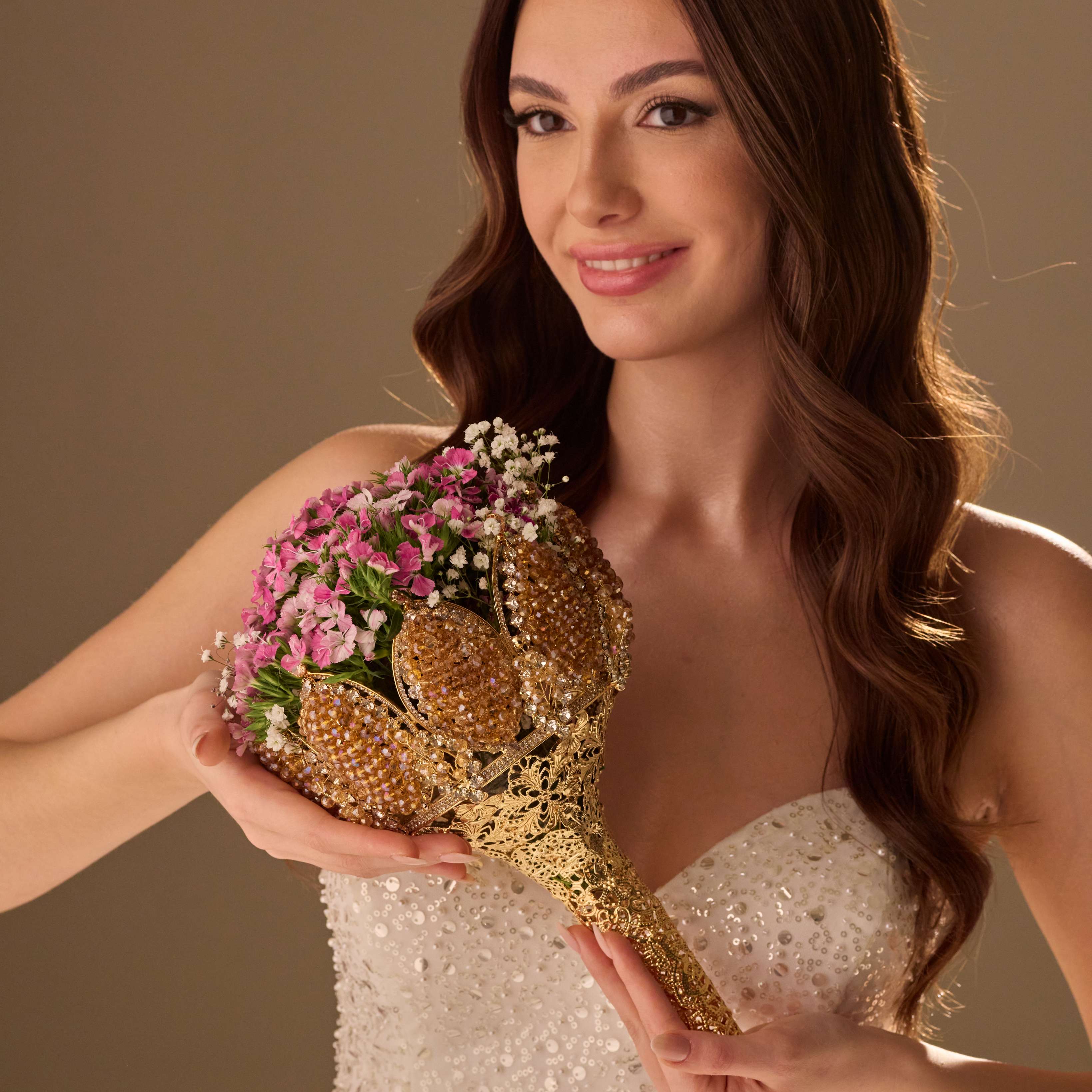 Gold Quinceañera & Wedding Bouquet Holder – Handcrafted with Gold Carved Flowers & Crystal Stones – Bridal Port, view 7