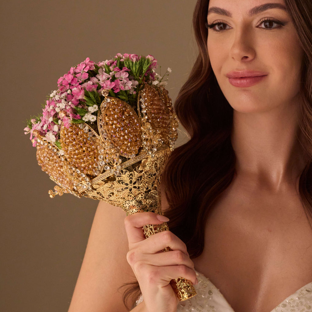 Gold Quinceañera & Wedding Bouquet Holder – Handcrafted with Gold Carved Flowers & Crystal Stones – Bridal Port