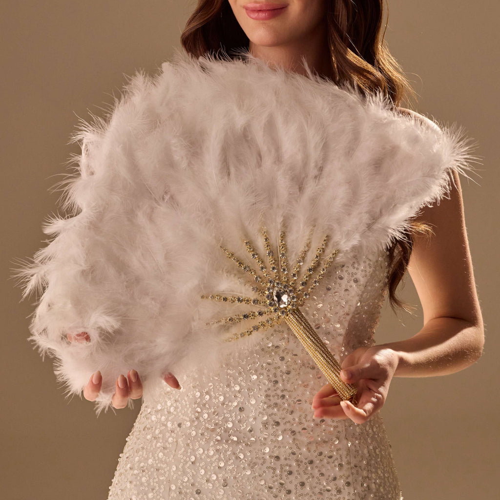 Elegant Feather Fan – Handcrafted Gold & Rhinestone Trim, Unique Luxury Fan – Bridal Port