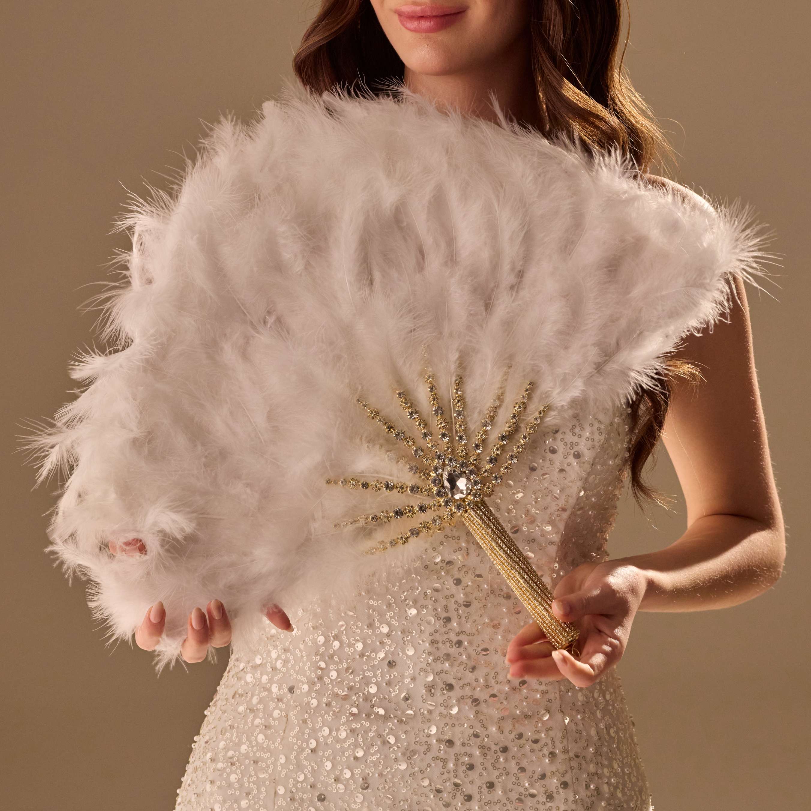 Elegant Feather Fan – Handcrafted Gold & Rhinestone Trim, Unique Luxury Fan – Bridal Port