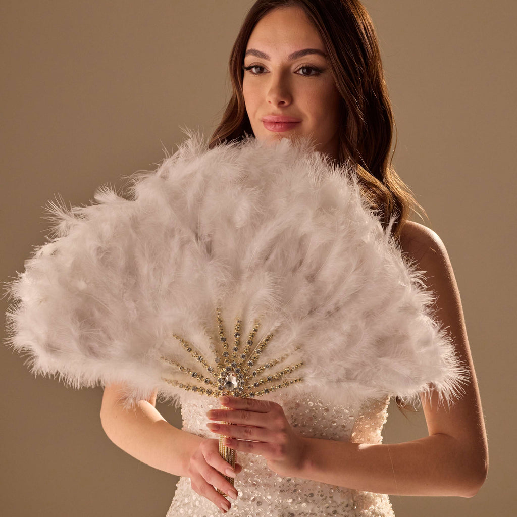 Elegant Feather Fan – Handcrafted Gold & Rhinestone Trim, Unique Luxury Fan – Bridal Port, view 2