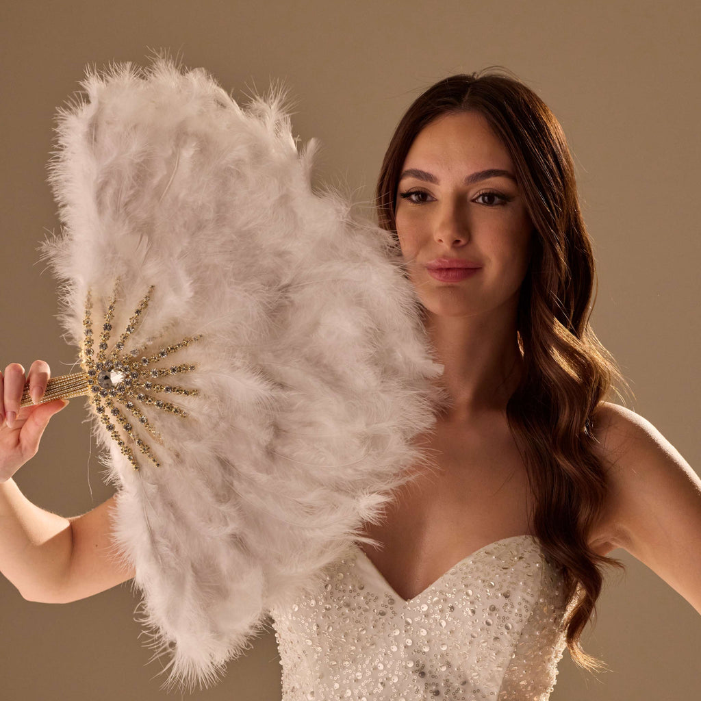 Elegant Feather Fan – Handcrafted Gold & Rhinestone Trim, Unique Luxury Fan – Bridal Port, view 3