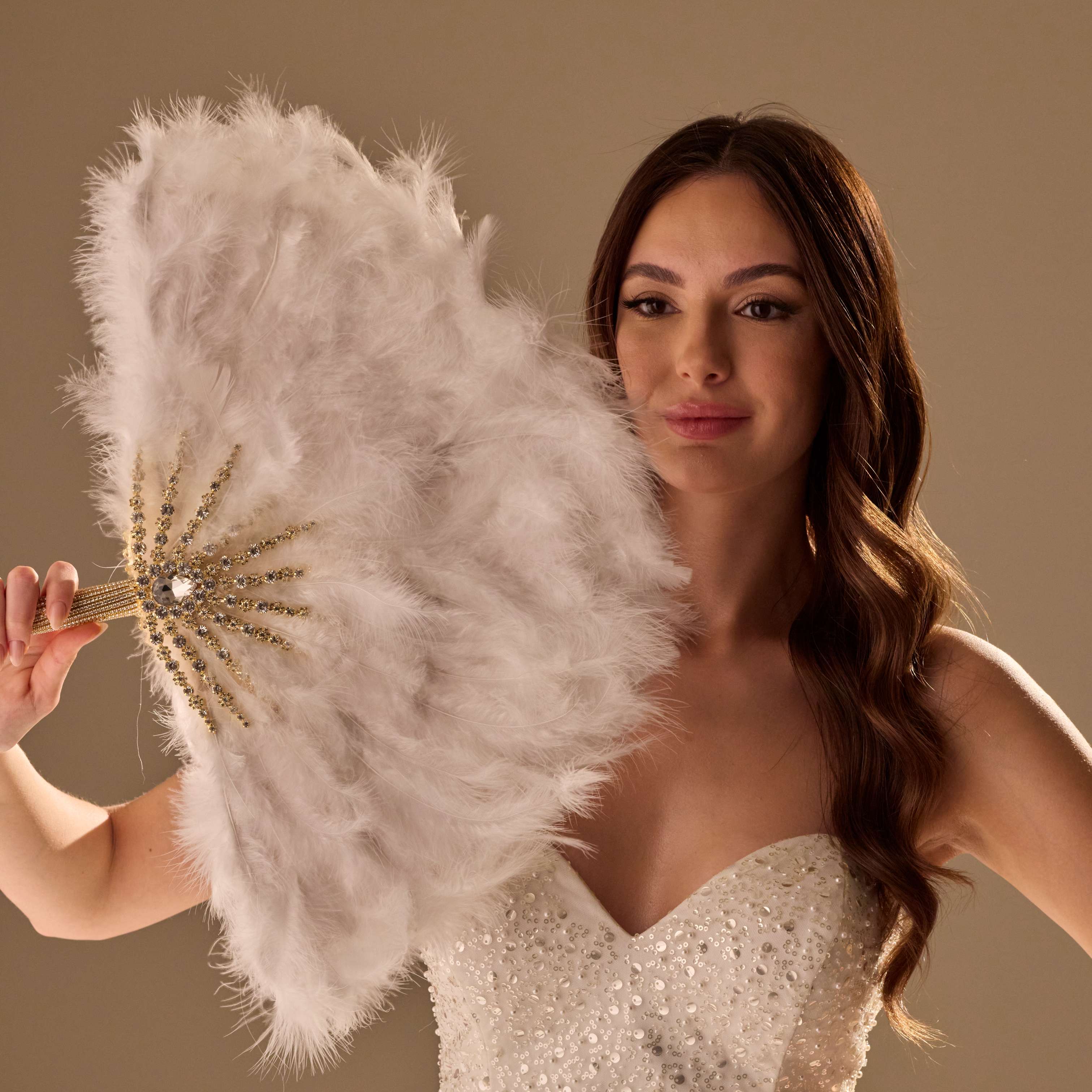 Elegant Feather Fan – Handcrafted Gold & Rhinestone Trim, Unique Luxury Fan – Bridal Port, view 3