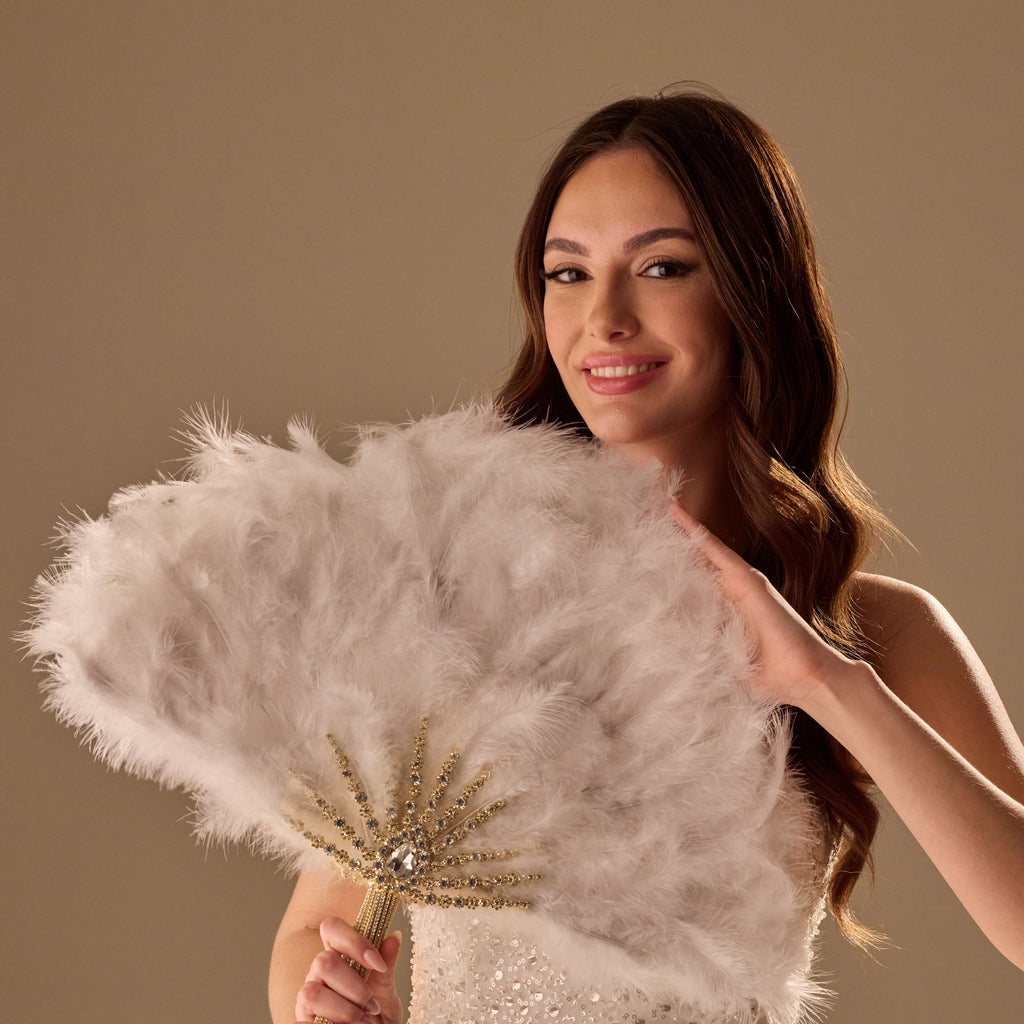 Elegant Feather Fan – Handcrafted Gold & Rhinestone Trim, Unique Luxury Fan – Bridal Port, view 4