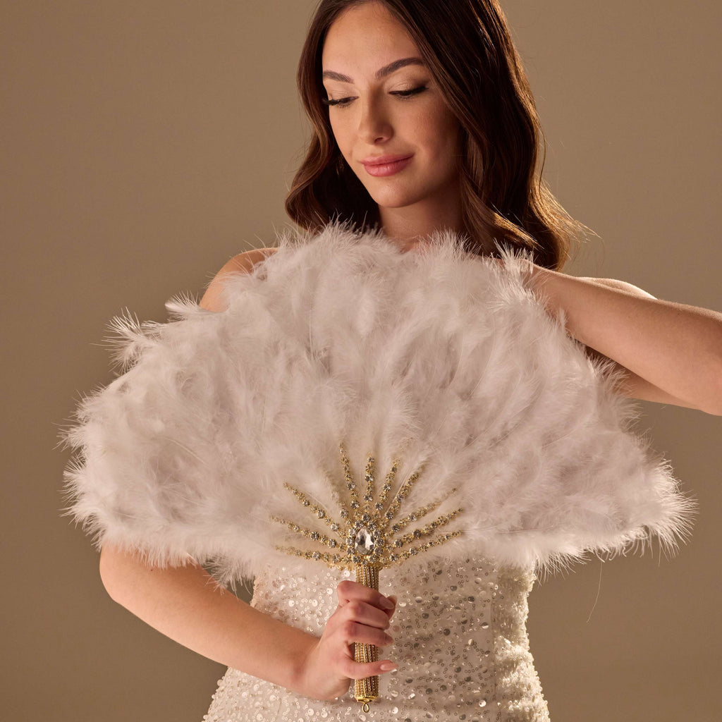 Elegant Feather Fan – Handcrafted Gold & Rhinestone Trim, Unique Luxury Fan – Bridal Port, view 5