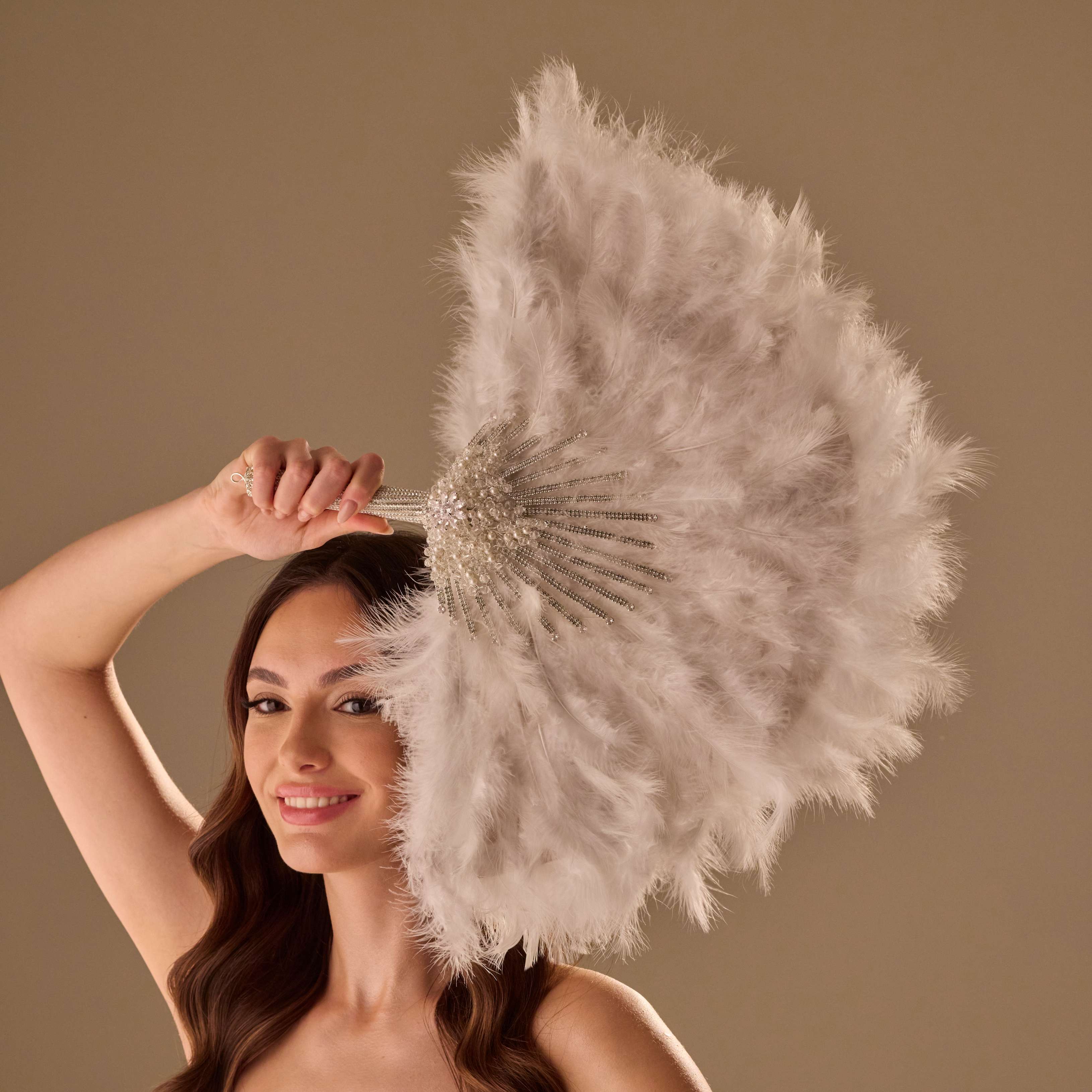 Luxury Feather Fan – Handcrafted with Silver & Pearl Trim, Elegant Unique Fan – Bridal Port, view 5