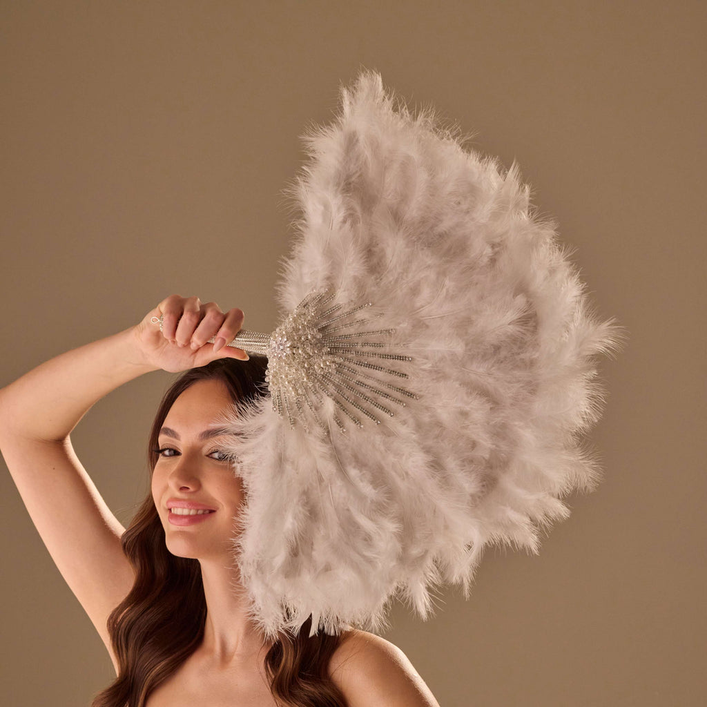 Luxury Feather Fan – Handcrafted with Silver & Pearl Trim, Elegant Unique Fan – Bridal Port, view 6