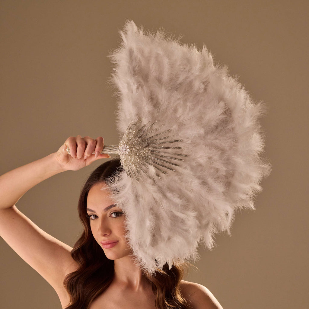 Luxury Feather Fan – Handcrafted with Silver & Pearl Trim, Elegant Unique Fan – Bridal Port, view 7