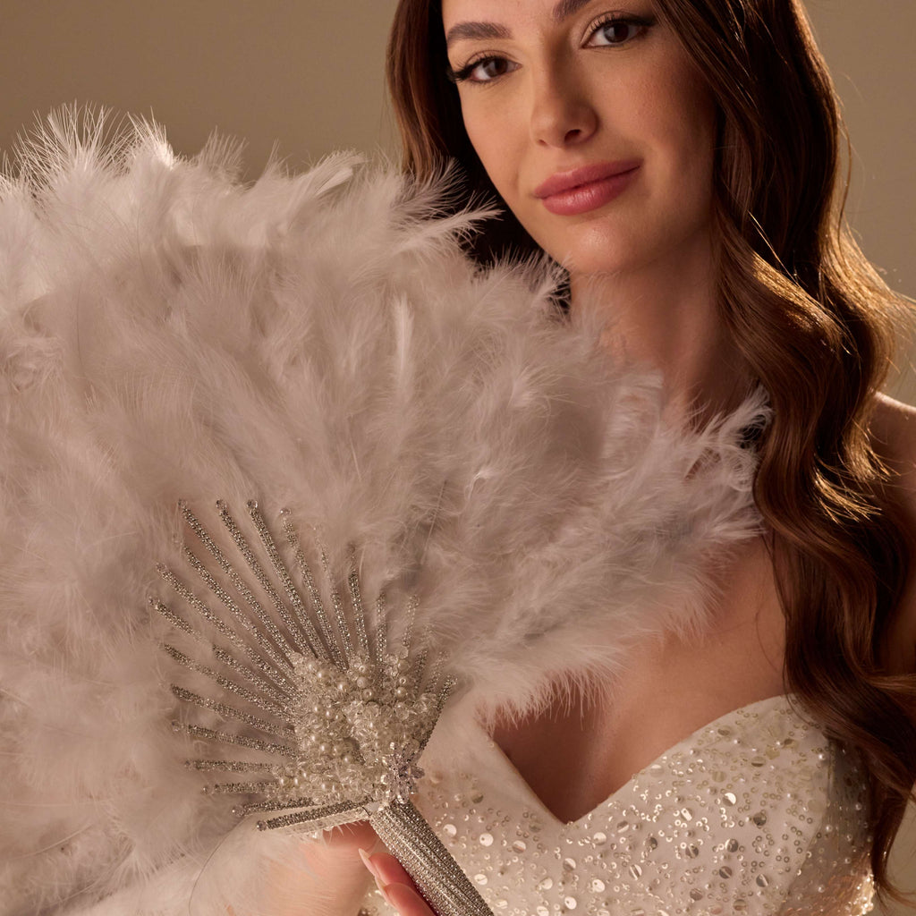 Luxury Feather Fan – Handcrafted with Silver & Pearl Trim, Elegant Unique Fan – Bridal Port, view 8