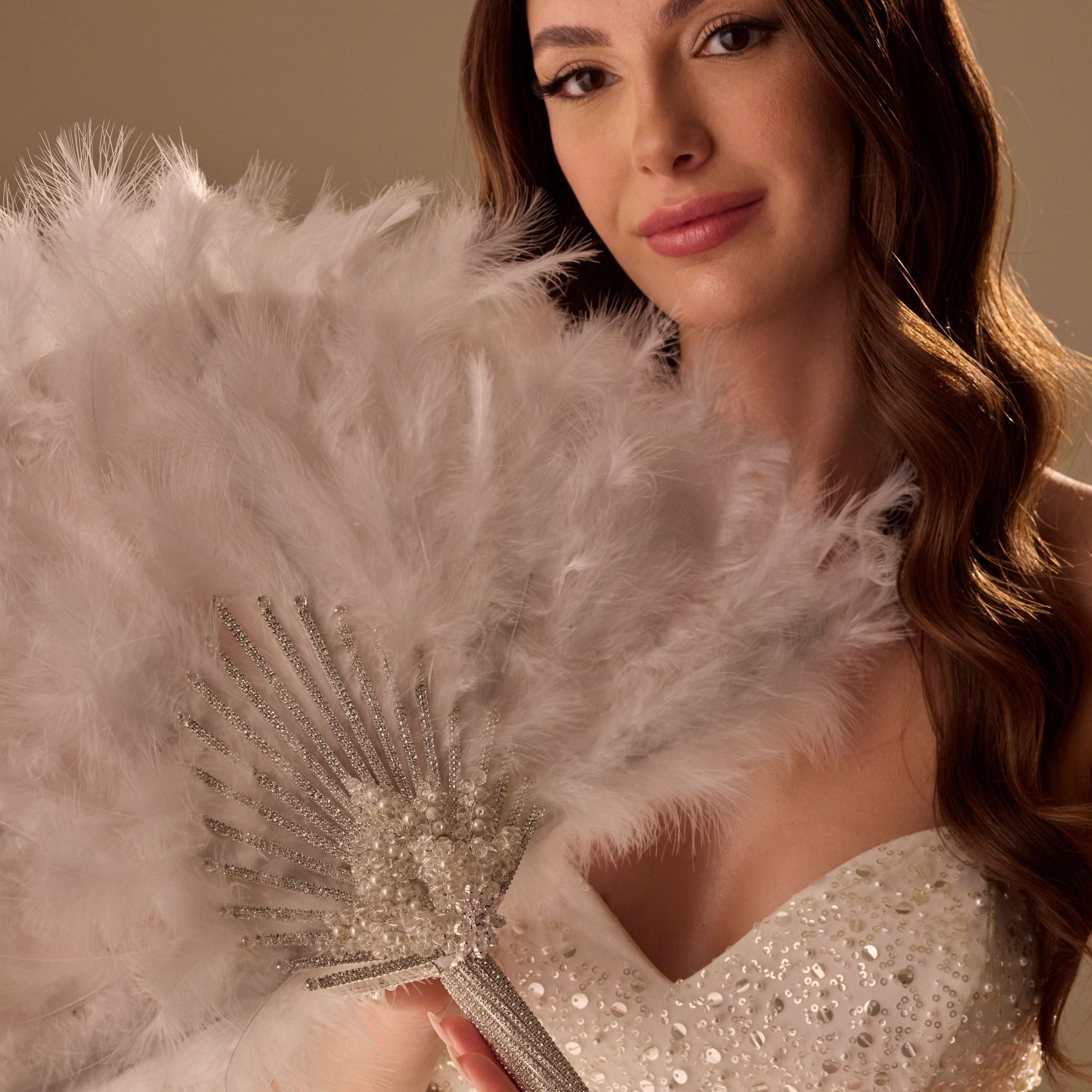 Luxury Feather Fan – Handcrafted with Silver & Pearl Trim, Elegant Unique Fan – Bridal Port, view 8