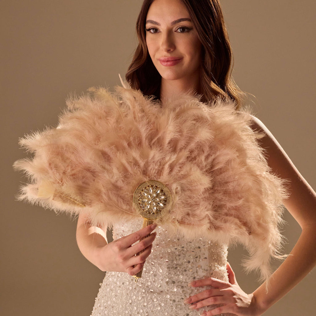 Luxury Feather Fan – Handcrafted with Gold & Rhinestone Trim, Elegant Unique Fan – Bridal Port