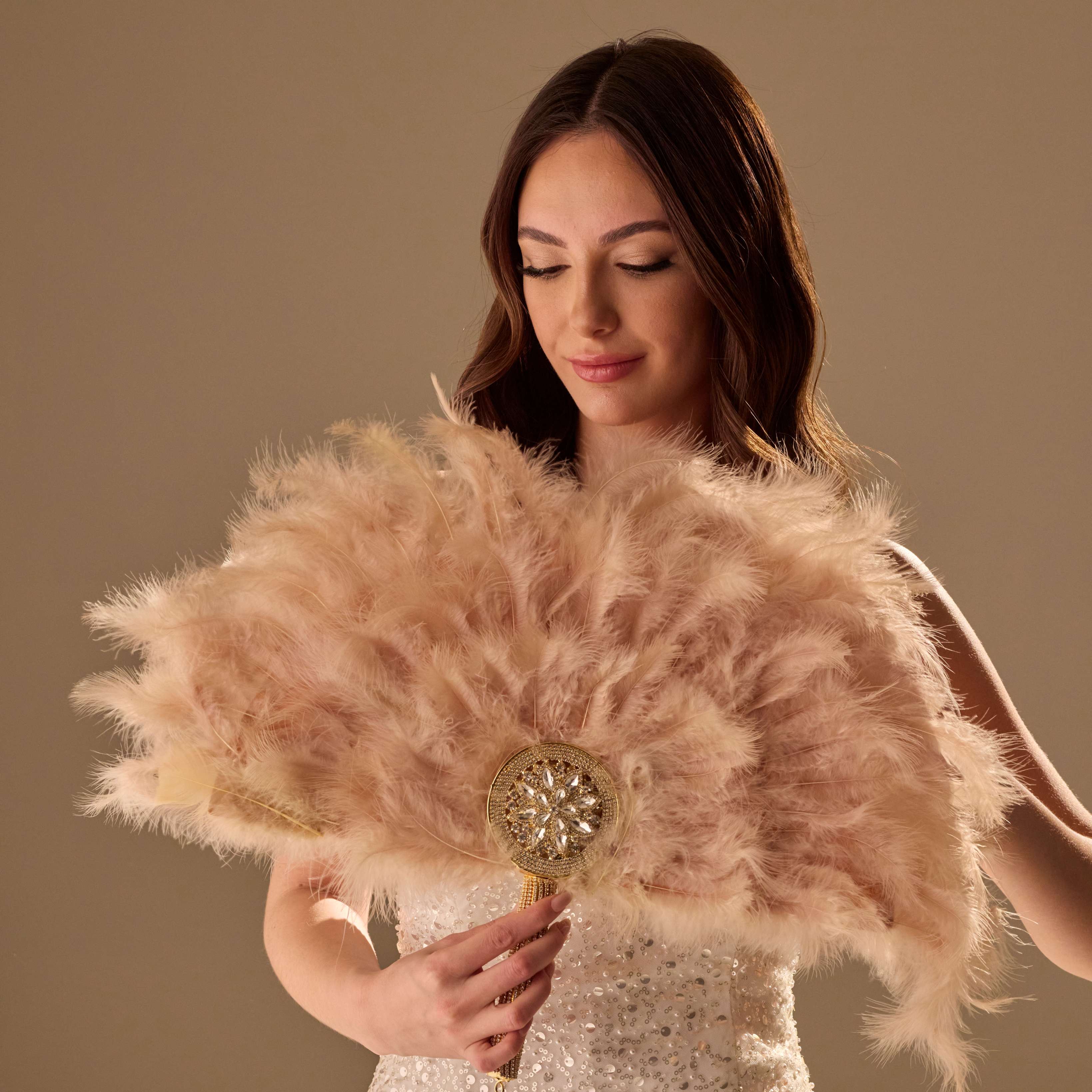 Luxury Feather Fan – Handcrafted with Gold & Rhinestone Trim, Elegant Unique Fan – Bridal Port, view 3