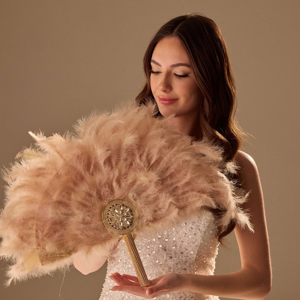 Luxury Feather Fan – Handcrafted with Gold & Rhinestone Trim, Elegant Unique Fan – Bridal Port, view 4