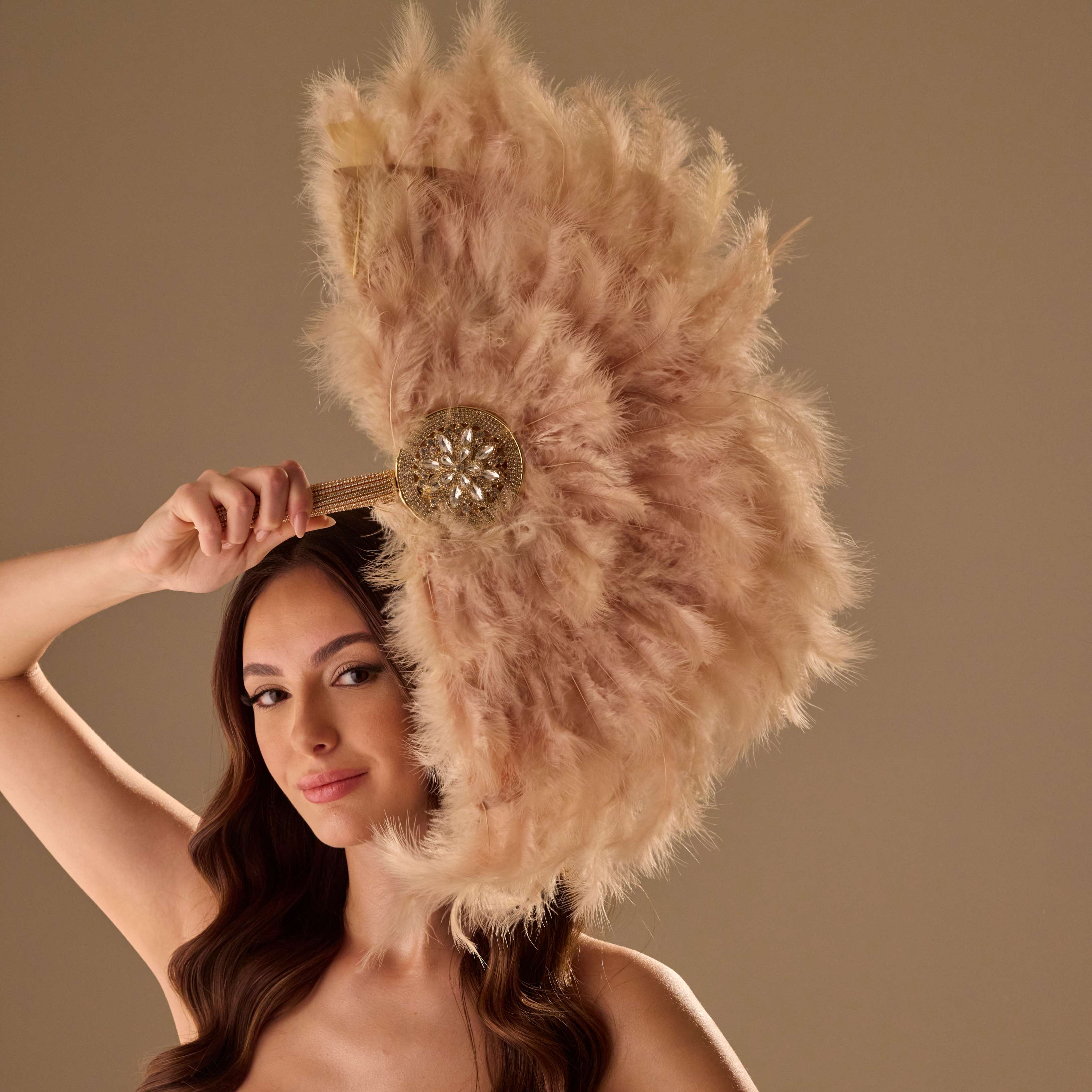 Luxury Feather Fan – Handcrafted with Gold & Rhinestone Trim, Elegant Unique Fan – Bridal Port, view 2
