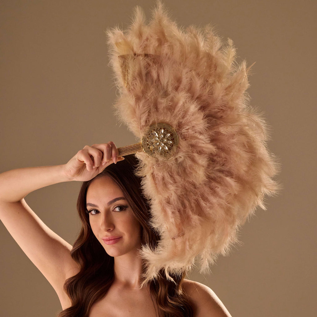 Luxury Feather Fan – Handcrafted with Gold & Rhinestone Trim, Elegant Unique Fan – Bridal Port, view 5