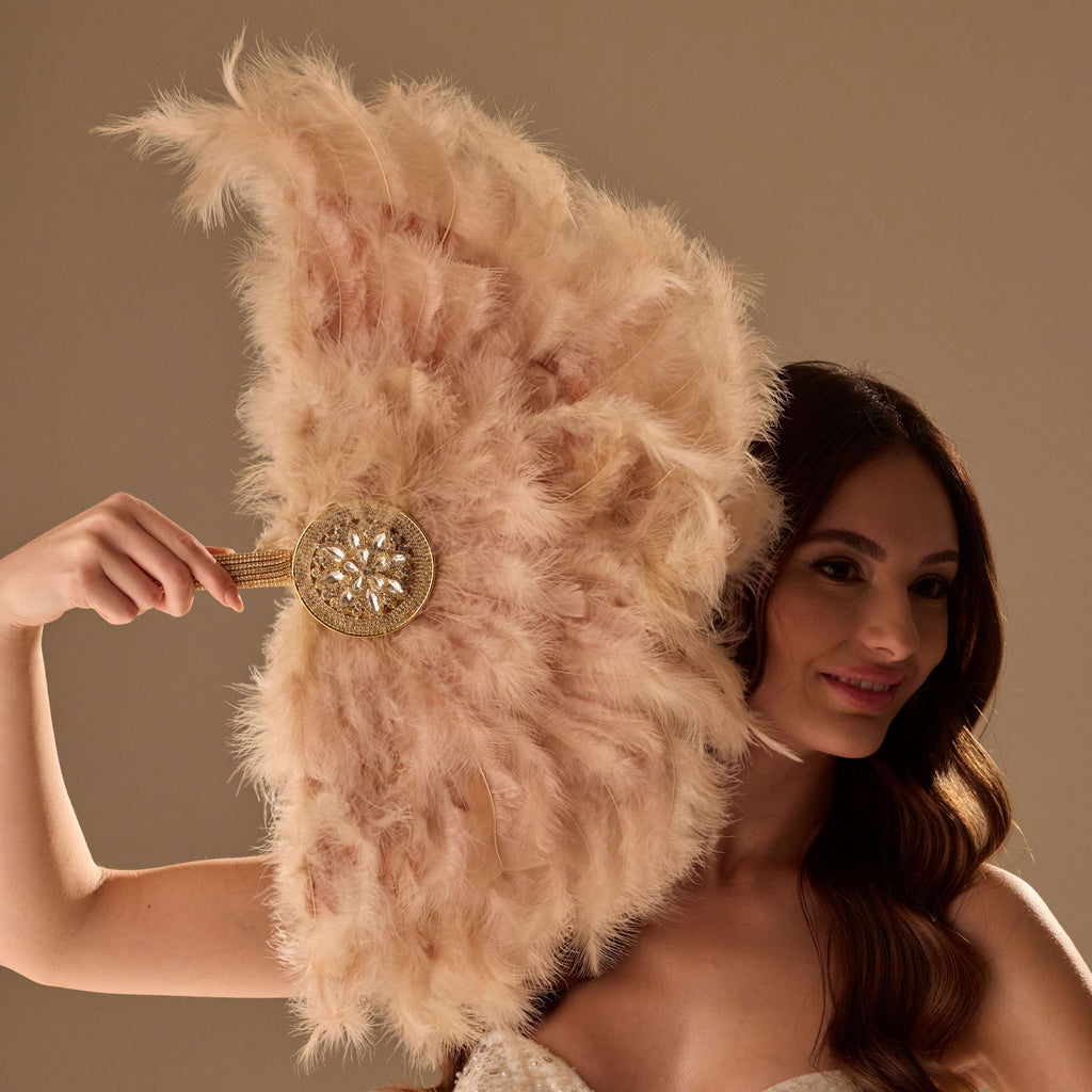 Luxury Feather Fan – Handcrafted with Gold & Rhinestone Trim, Elegant Unique Fan – Bridal Port, view 6