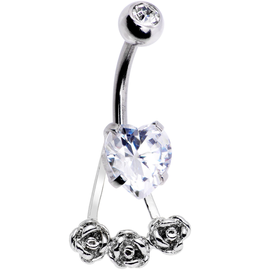 BodyCandy Clear CZ Gem Heart Kissed Rose Flower Dangle Belly Ring — main product shot