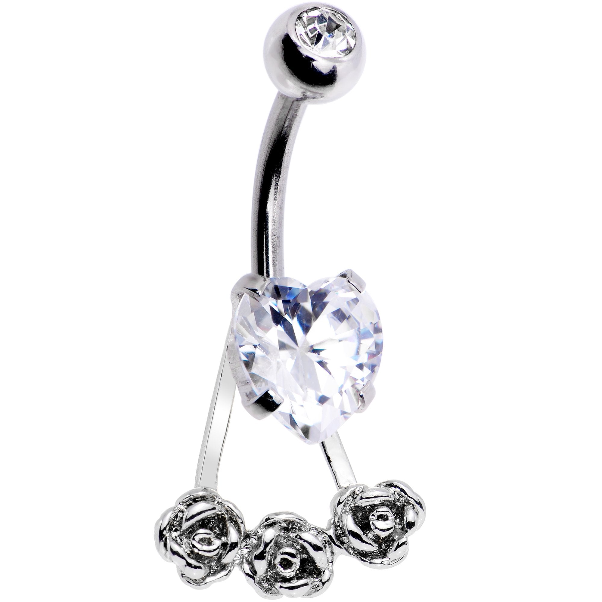 BodyCandy Clear CZ Gem Heart Kissed Rose Flower Dangle Belly Ring — main product shot