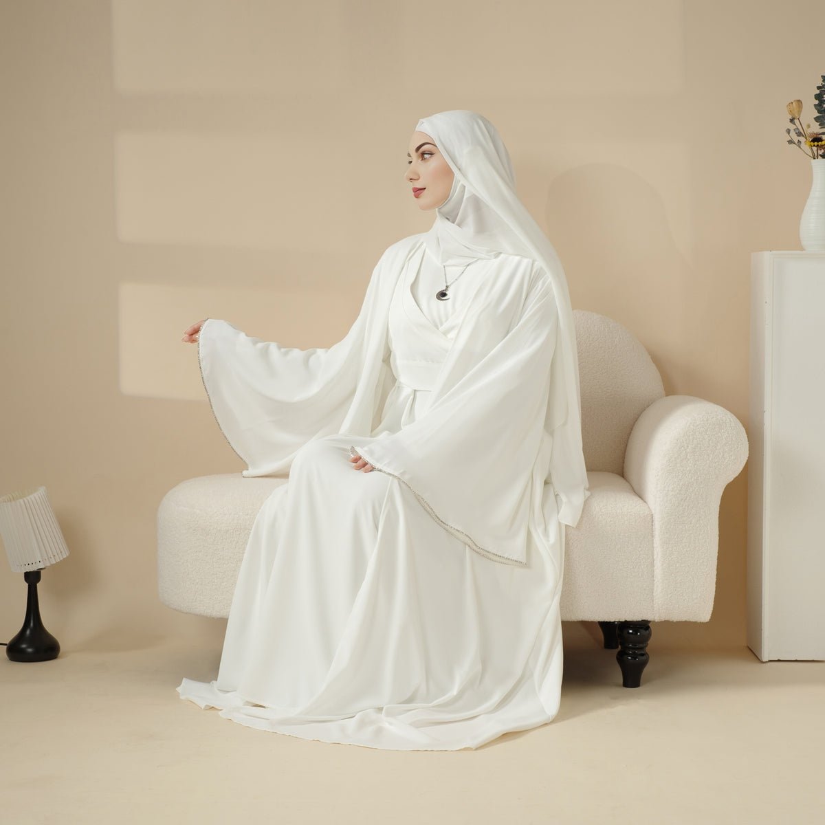 Mariam's Collection Open Kimono Abaya Set, Kimono Style Abaya 3-Piece Set (MOA094) — Mariam's Collection branding close-up